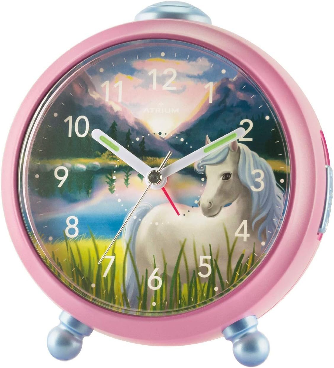 Atrium Kinderwecker A932-17 Siabelle Analog Quarz leise Licht Snooze Mädchen Pferd Rosa Geschenk Ø10,5cm