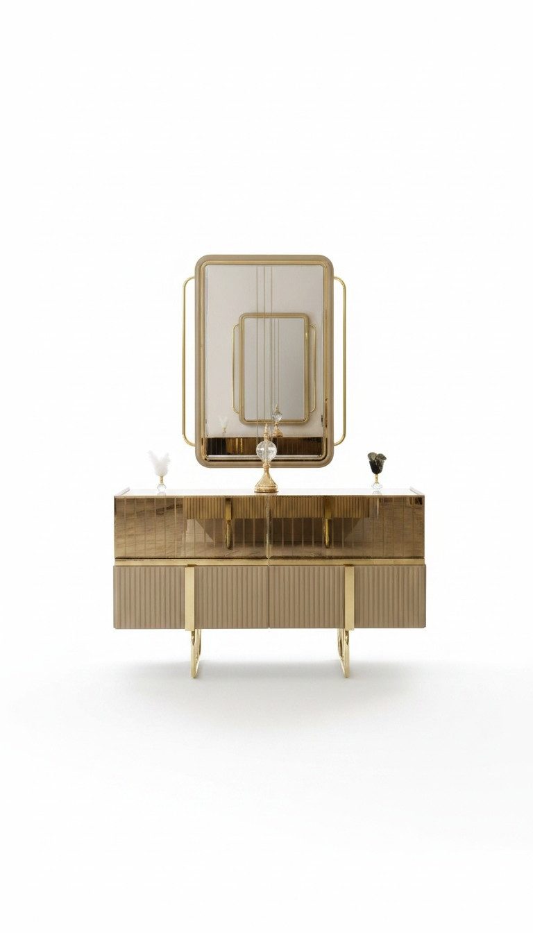 JVmoebel Sideboard Verspiegelte Kommode in Gold mit Holzdetails für elegantes Wohnen (1 St., Kommode + Spiegel), Made in Europa