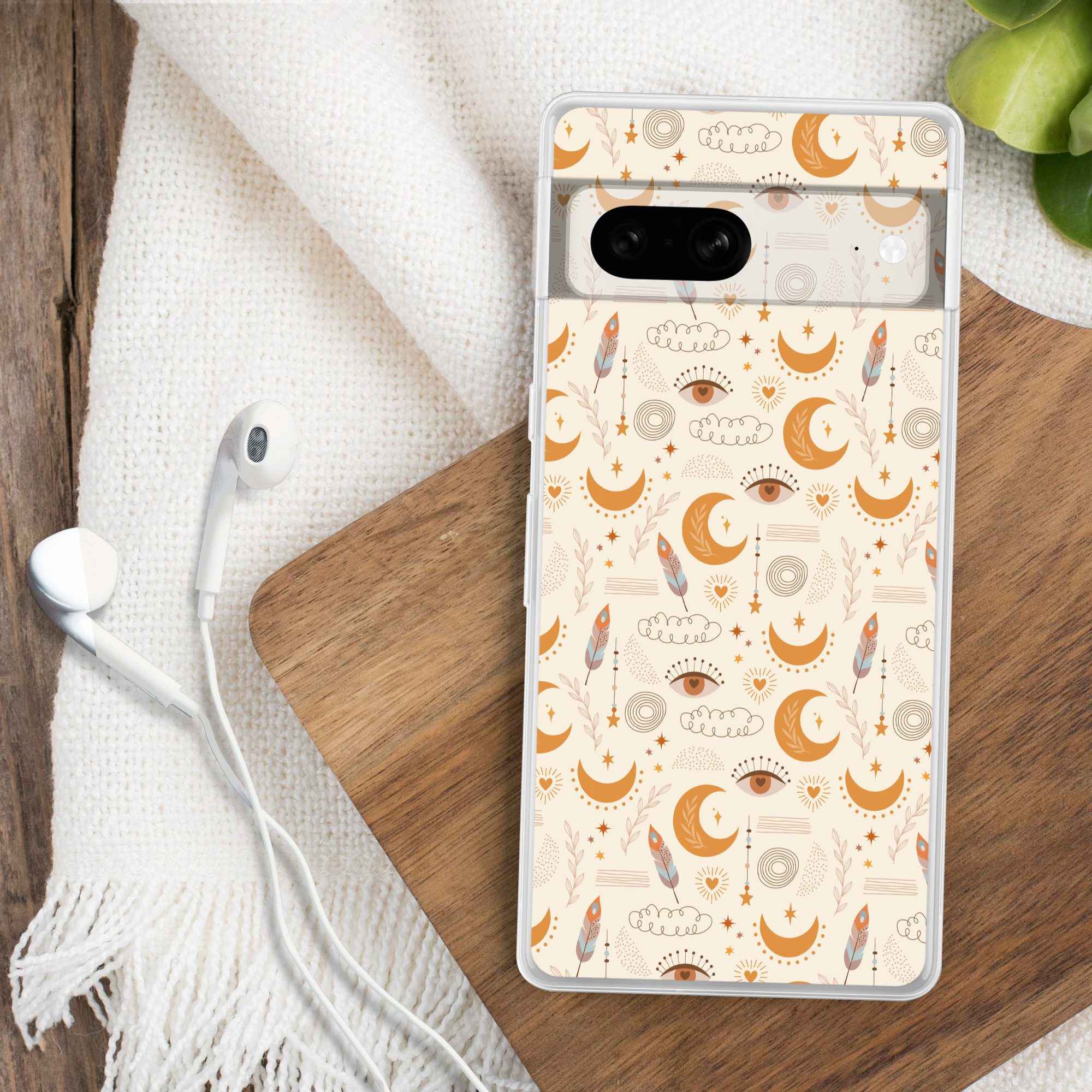 MuchoWow Handyhülle für Google Pixel 7 Boho - Druck - Augen - Mond - Federn - Beige, Phone Case, Silikon, Schutzhülle Dünn