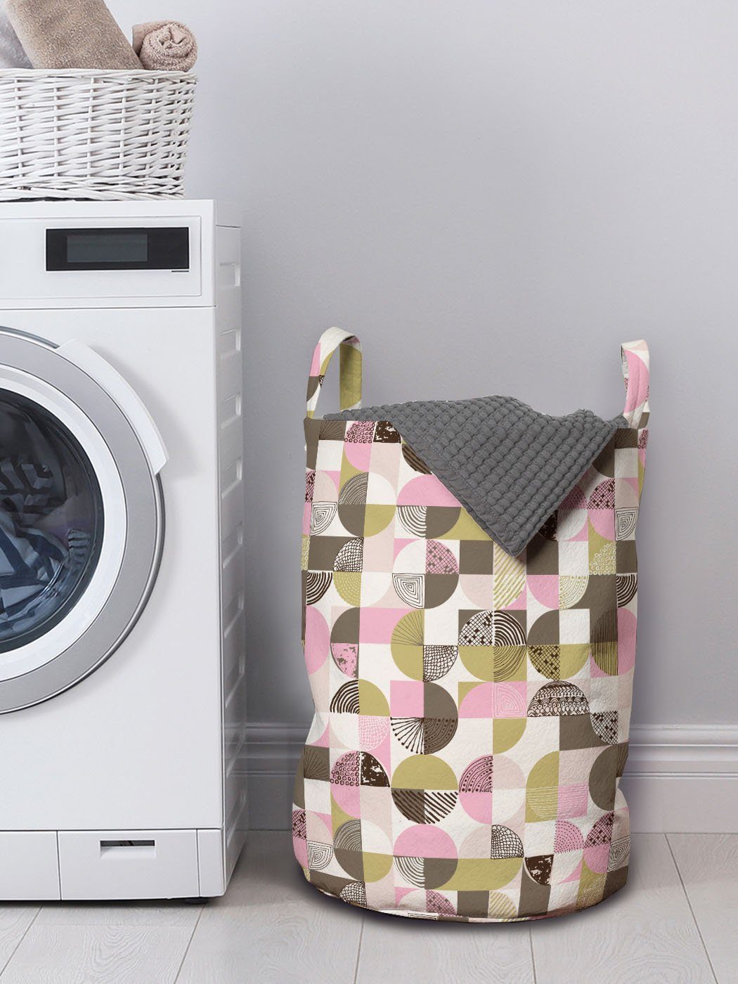 Waschsalons, Abstrakt für Griffen Runden Kordelzugverschluss Wäschekorb in Vintage-Farben Wäschesäckchen mit Abakuhaus