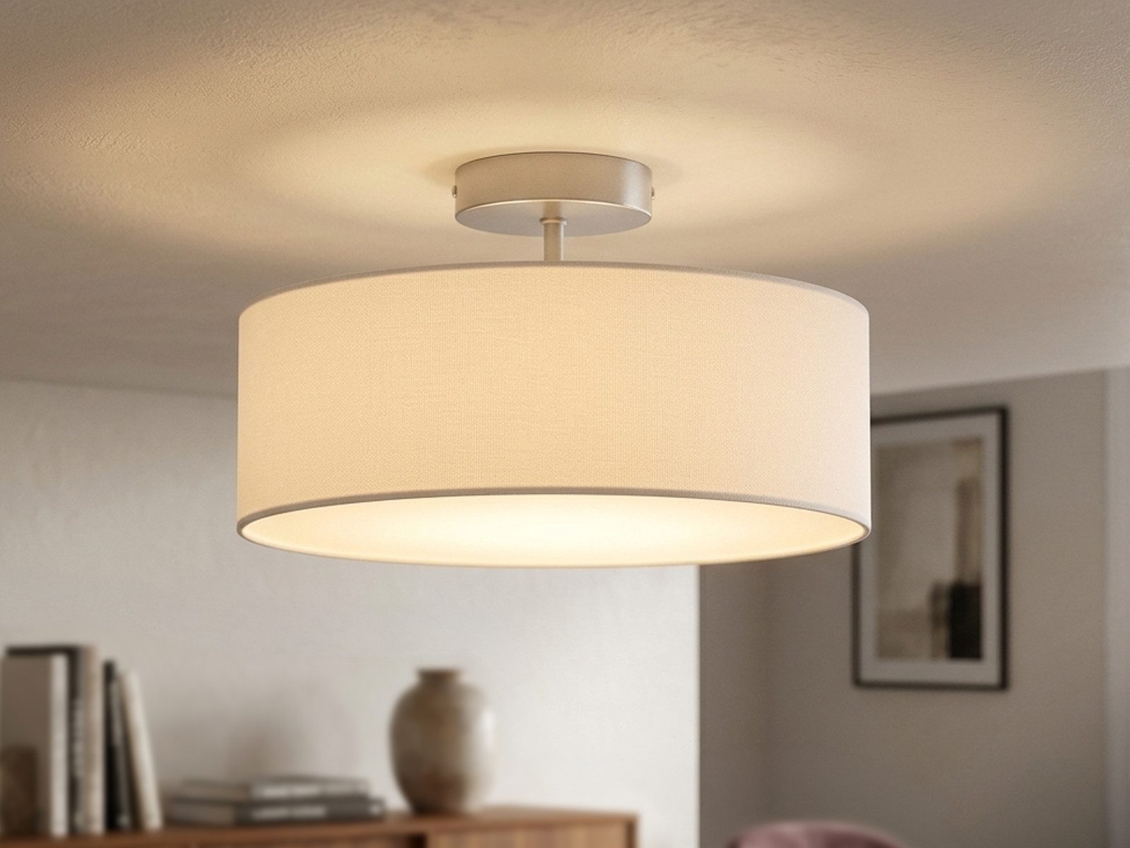 meineWunschleuchte Deckenleuchte mit Stoff Lampenschirm Weiß Ø 30cm, ohne Leuchtmittel, kleine Stoff-Lampe, gemütliche Deckenlampe, E14 Schlafzimmerlampe – Bild 2 von 5