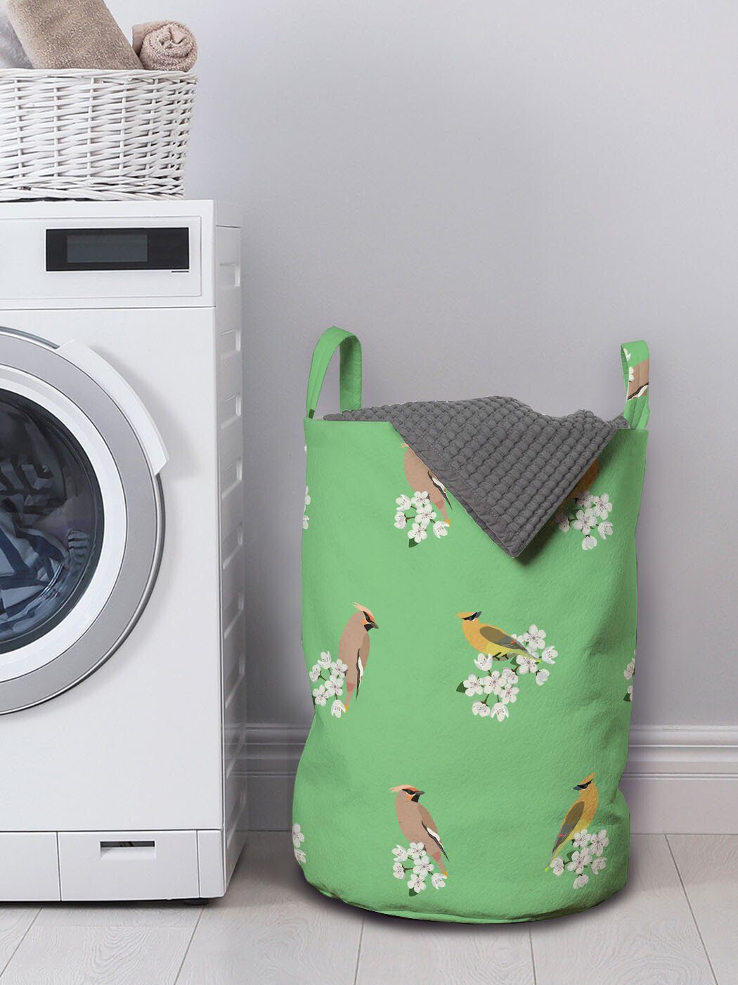 Blühender Kordelzugverschluss Wäschesäckchen Griffen Waschsalons, mit Vogel-Druck Avian Apfel Wäschekorb Abakuhaus für