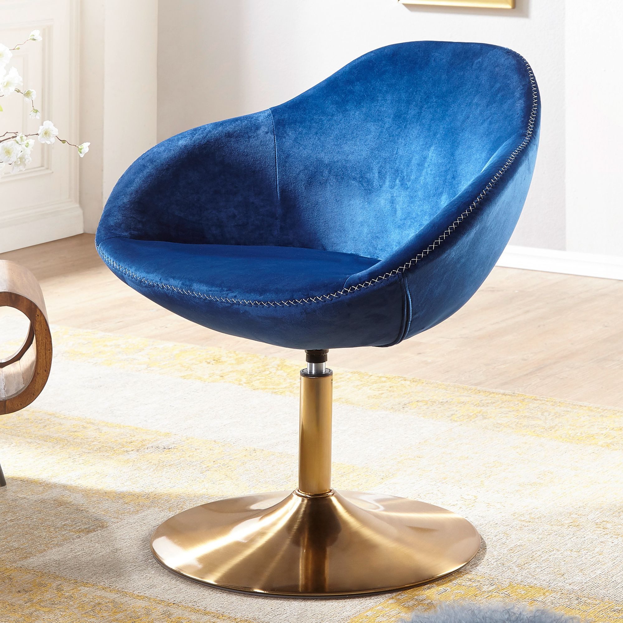 FINEBUY Polsterstuhl SuVa14764_1 (Samt Blau / Gold 70x79x70 cm, Design Drehstuhl), Loungesessel Drehbar, Polsterstuhl Lounge