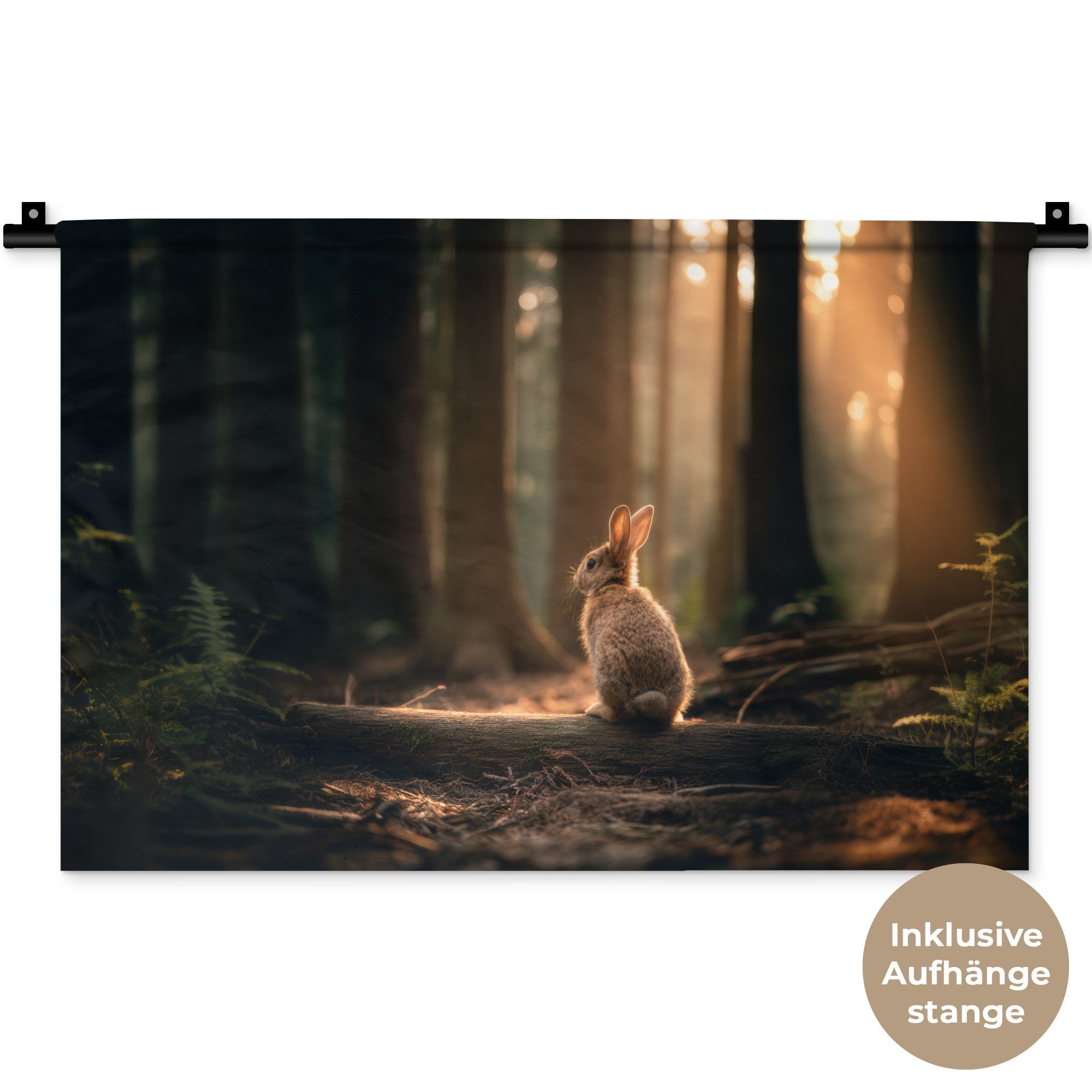 MuchoWow Wandteppich Kaninchen - Wald - Sonnenstrahlen, Rechteckig, Höhe: 3 mm, Wandteppich für Wohnzimmer, Schlafzimmer, 60x40 cm
