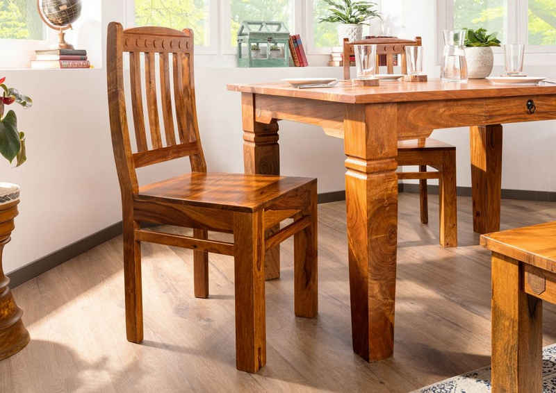 Massivmoebel24 Holzstuhl OXFORD (Schlichter Stuhl mit dekorativer Rückenlehne im Landhausstil, braun lackiert 45x46x97 Akazie montiert), hochwertiges Edelholz, authentische Holzadern, aufwendige Schnitzereien und Verzierungen