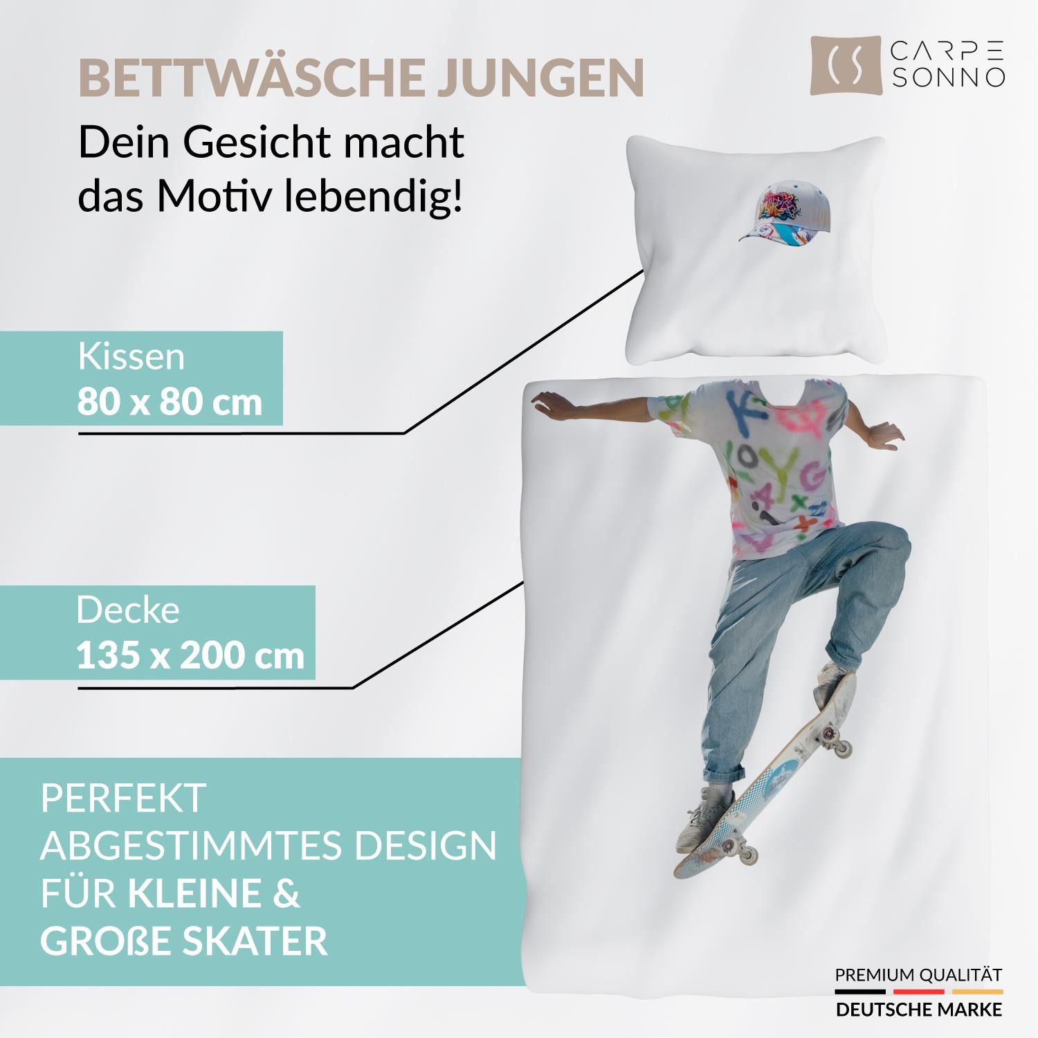 Carpe Sonno Kinderbettwäsche 135 x 200 Jungen Coole Skater Kinder Bettwäsche Sport 100% Baumwolle, Renforcé, 2 teilig, OEKO-TEX Bettbezug 135x200 mit Reißverschluss - Skateboard