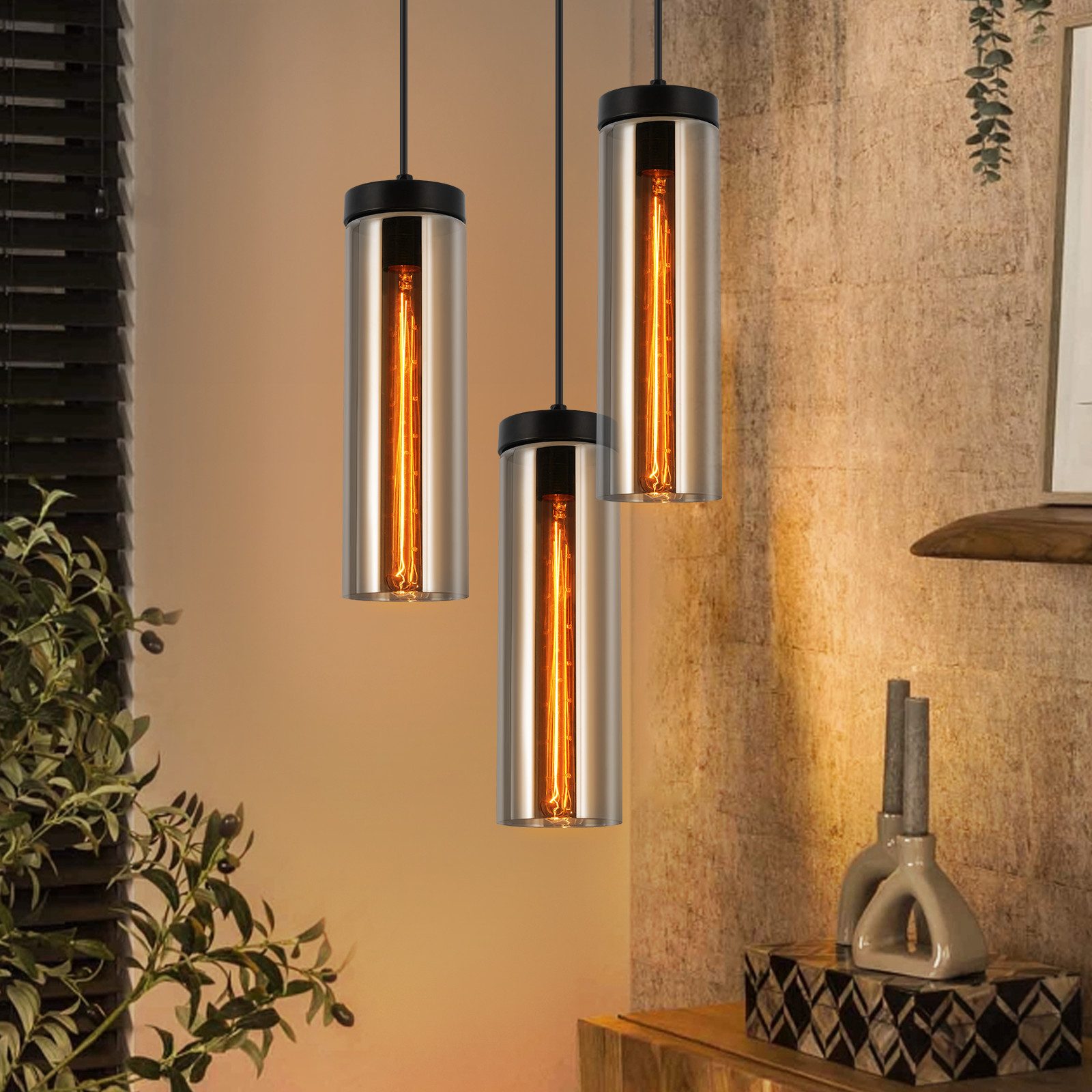 ZMH Pendelleuchte Esszimmer Schwarz - 3 Flammig E27 Glas Hängeleuchte für Wohnzimmer, Einfache Installation, ohne Leuchtmittel, 120CM Höhenverstellbar Esstischlampe für Küche Schlafzimmer