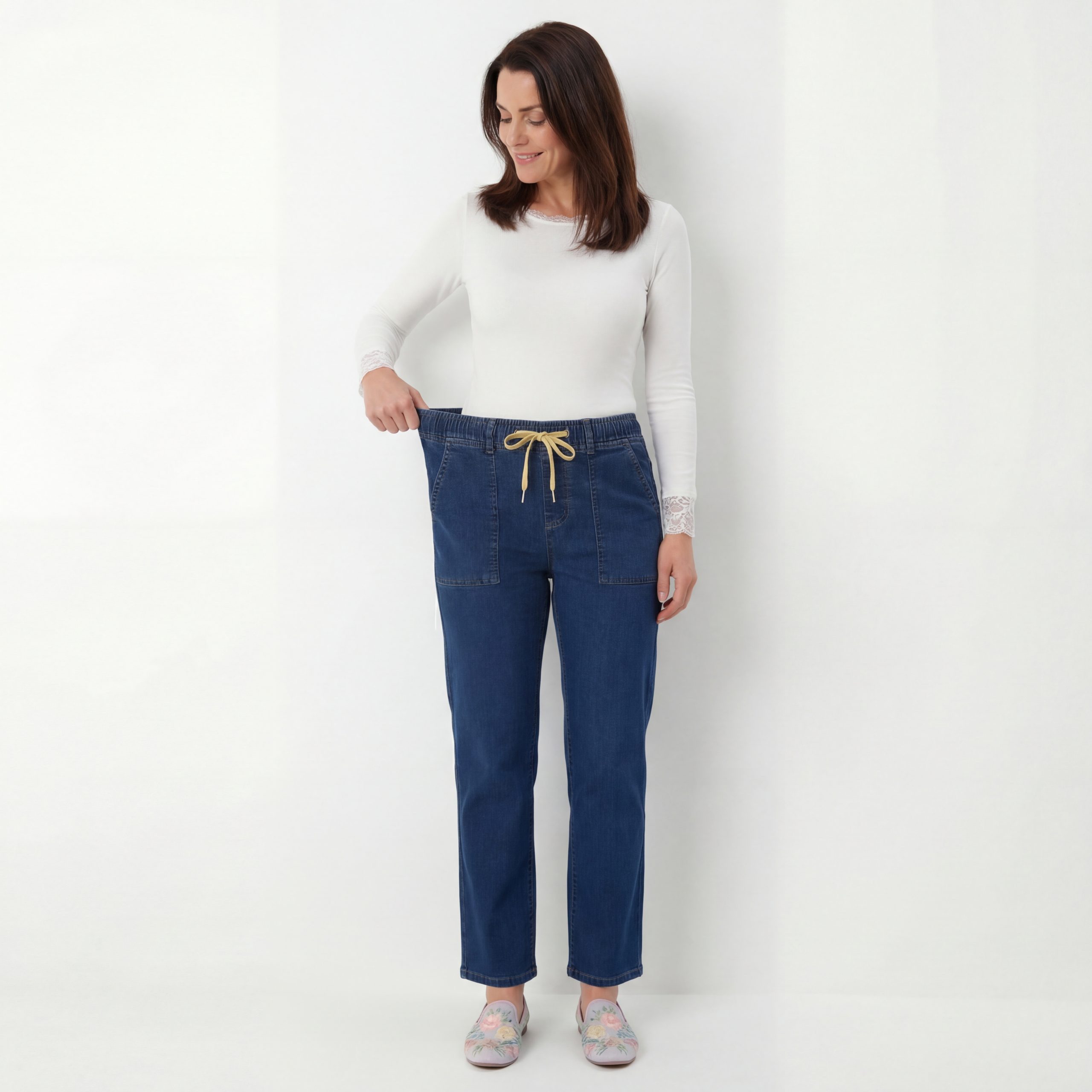 Cherry Berry Stretch-Jeans Bequeme Jeans Damen Straight Leg Jeanshose Gummizug erhältlich in 36 bis 46, Kurzgröße (maximale Körpergröße bis 1,68m) – Bild 4 von 5