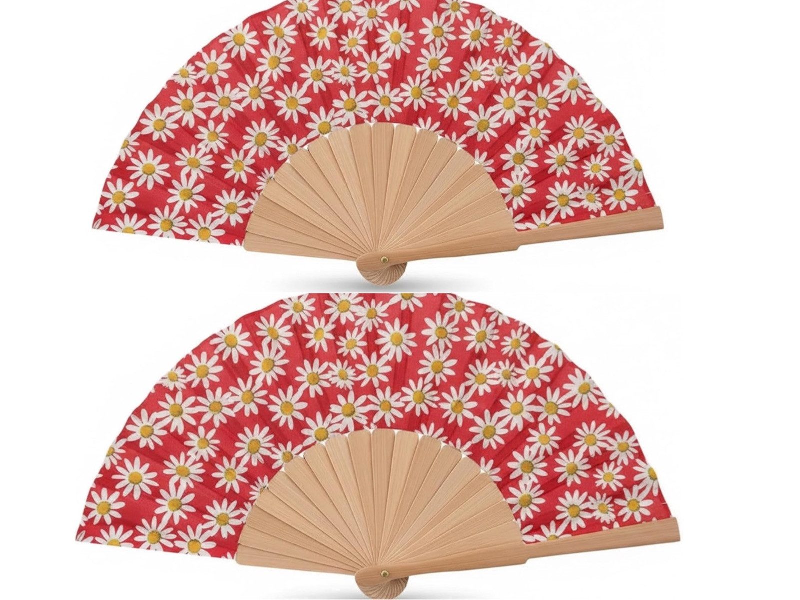 LK Trend & Style Handfächer Margeriten Blumenmuster Holzstäbe, (Für Festival & Hochzeit, Sommerliches Accessoire, Für Büro & Unterwegs, 2-tlg., ca. 21 x 40 cm, Faltbar, Farbenfroh), Ventilator aus der Handtasche