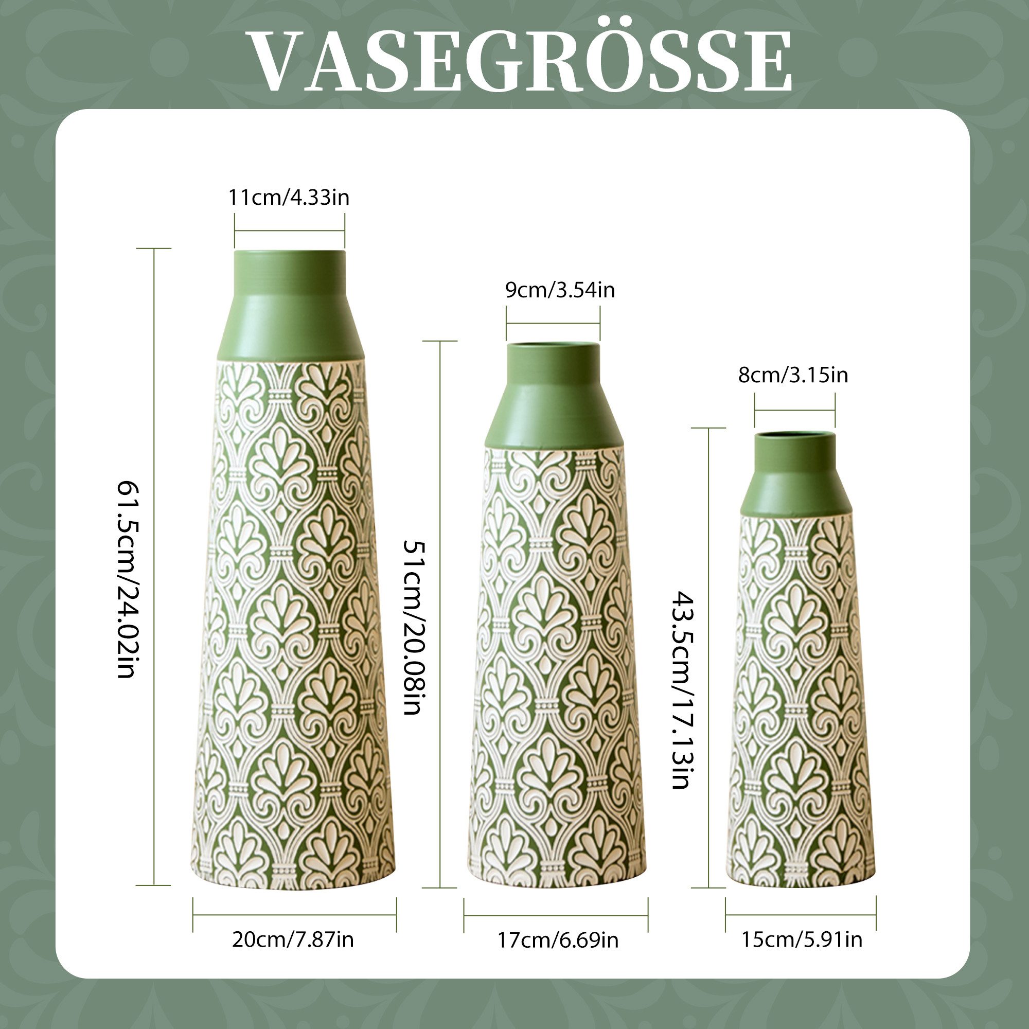 BlingBin Bodenvase Bodenvase 3er Set, Metall Vase mit Geometrischem Muster, 42/51/61 cm (3er Set, 3 St., Groß: 20x20x61cm, Mittel: 17x17x51cm, Klein: 15x15x44cm), Dekovase für Wohnzimmer, Esszimmer, Trockenblumen & Pampasgras, Grün