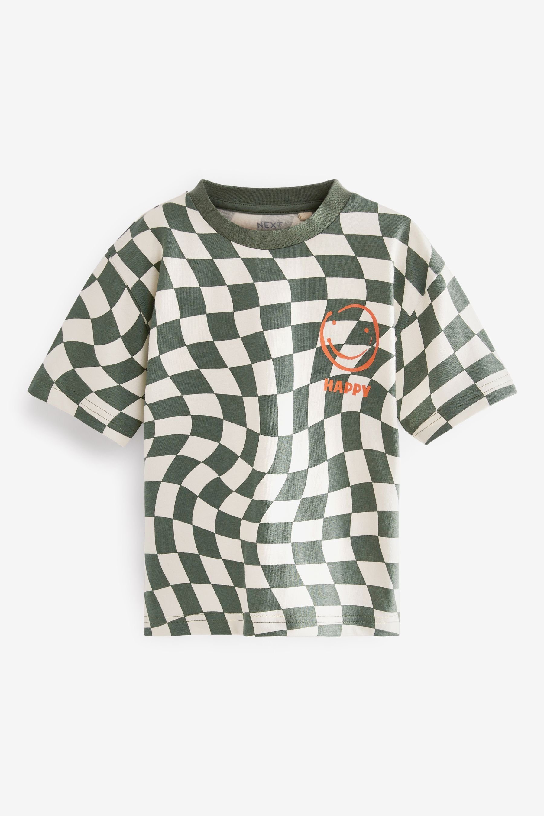 Next T-Shirt T-Shirt mit kurzen Ärmeln, durchgehend bedruckt (1-tlg) Khaki Green Checkerboard