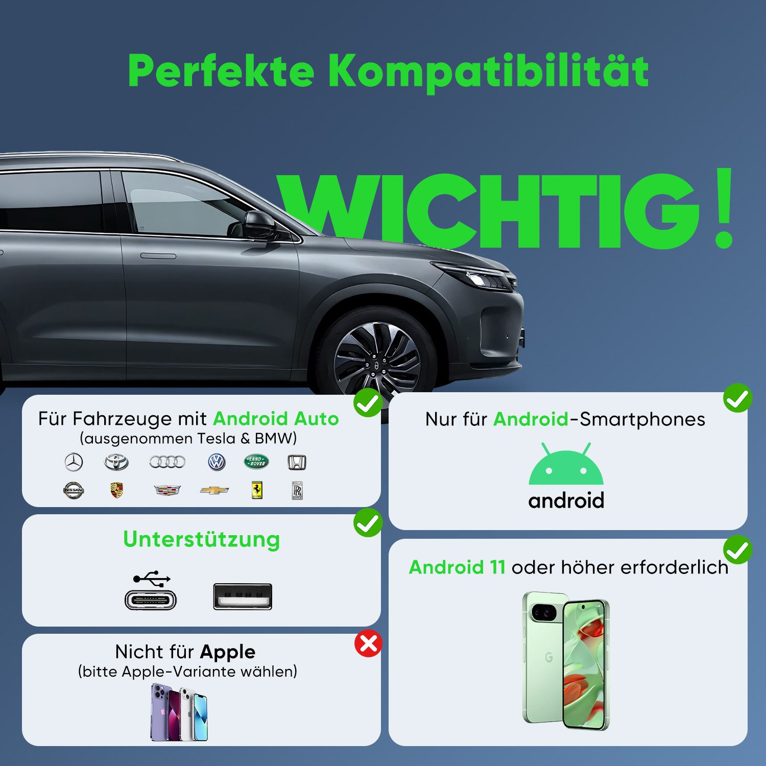 Salcar Android Auto Wireless Adapter Wandelt kabelgebundenes Carplay Adapter Adapter zu USB Typ A, Kompatibel mit Android 11+, USB-C/A, 5,8 GHz WiFi-Dongle