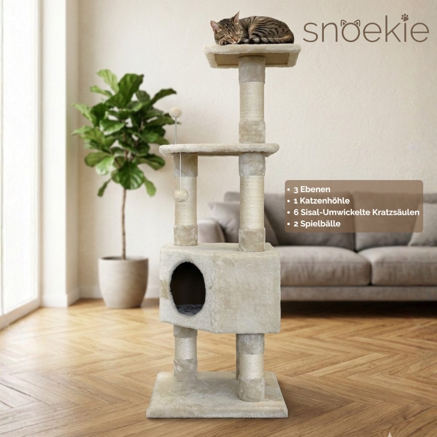 SNOEKIE Kratzbaum Snoekie Kratzbaum, 8cm Extra-dicken Sisalstämmen, Liegeflächen, 121cm