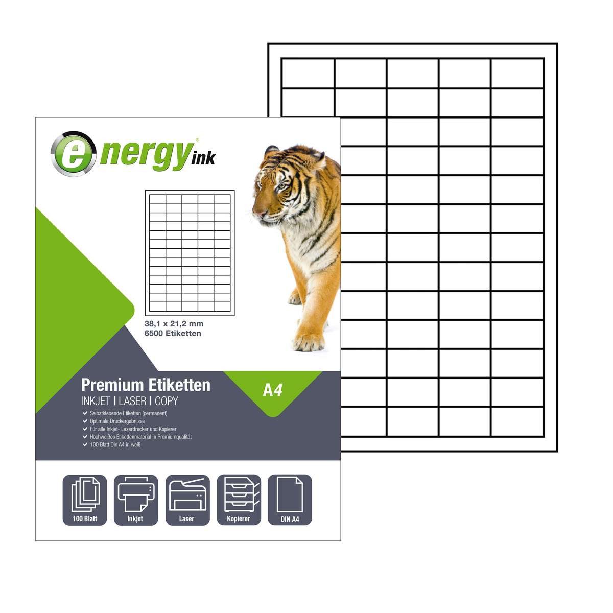 Energy-ink Etikettenpapier energy ink ET38,1x21,2, Etiketten 38,1x21,2mm – 100 Blatt = 6500 Etiketten auf A4