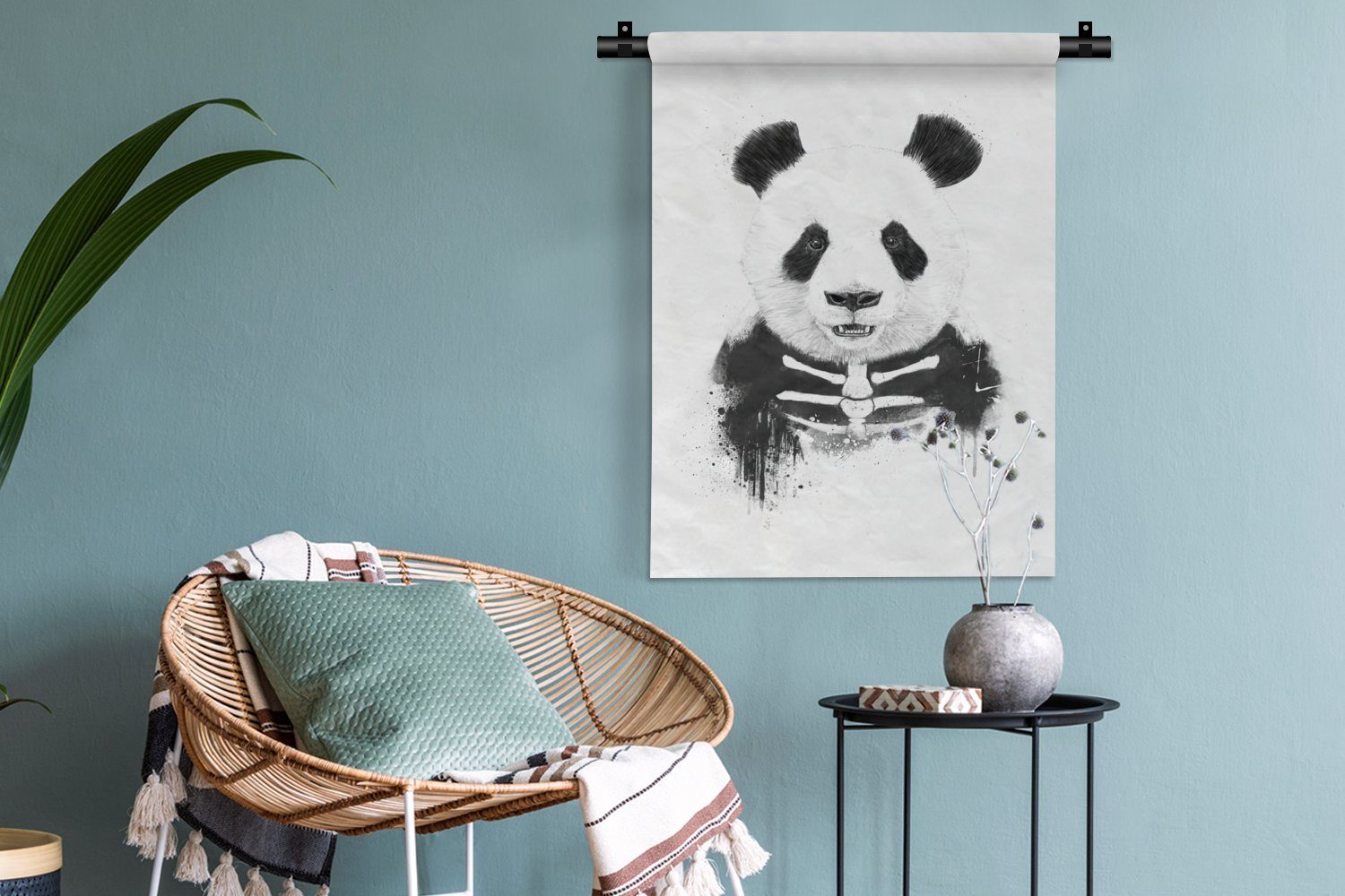 - Weiß, Tiere Deko Wohnzimmer, Skelett Schlafzimmer Panda - Wanddekoobjekt der - Tapisserie, Wand, MuchoWow an für