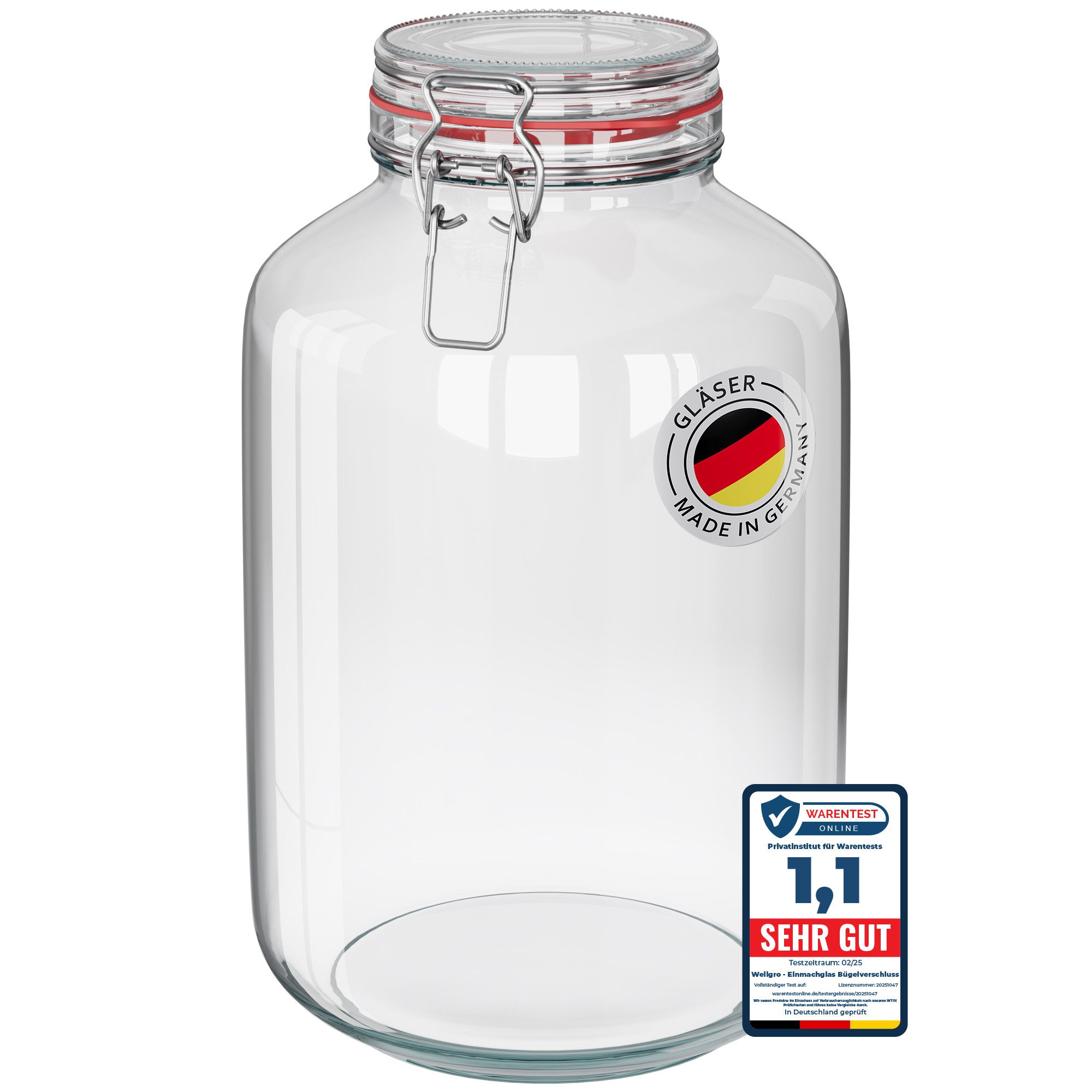Wellgro Vorratsglas Einmachgläser mit Bügelverschluss rund, Fermentierglas, (1-tlg), Aufbewahrungsglas