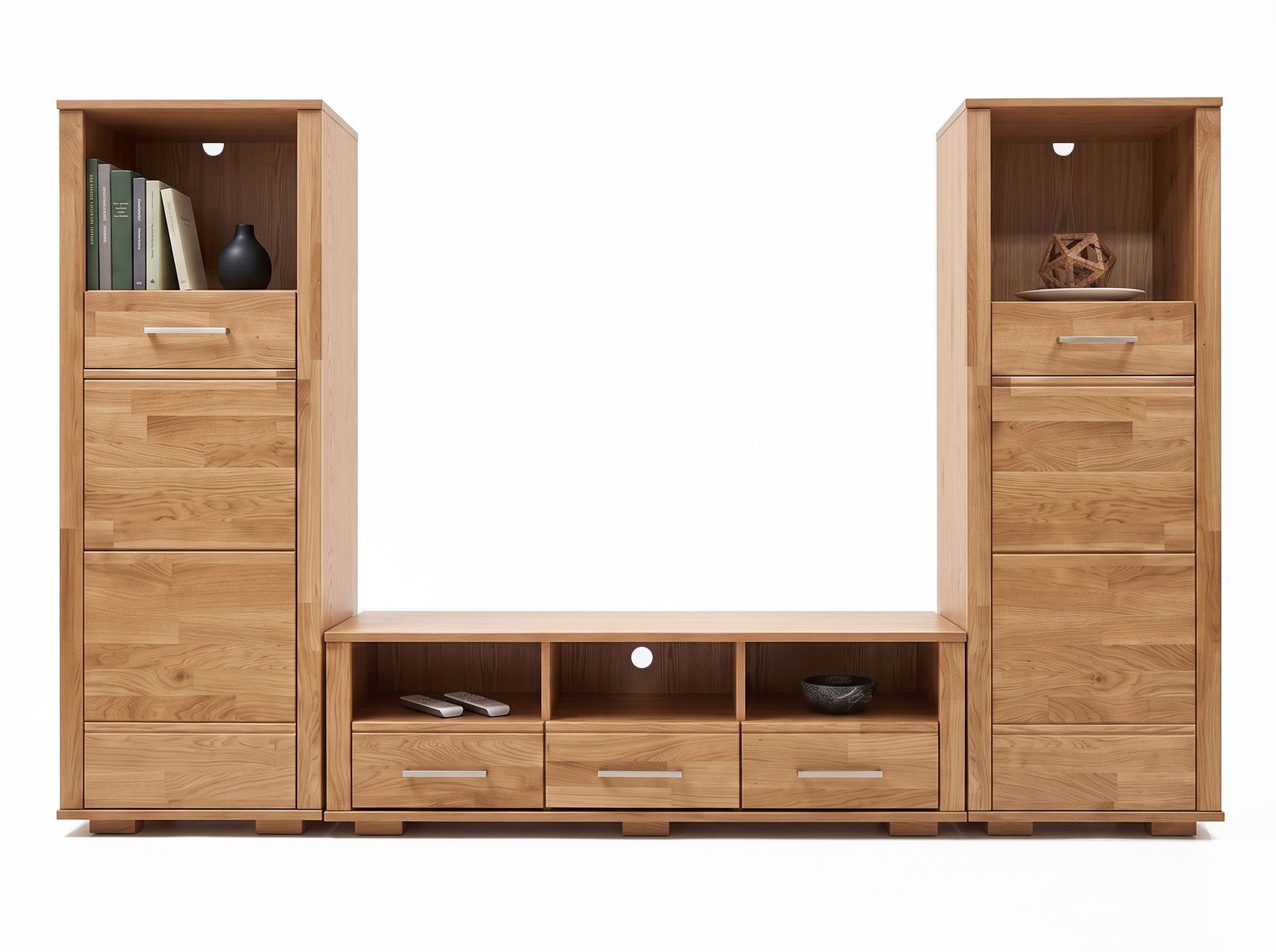 Feldmann-Wohnen Wohnwand Sandra, (1 Lowboard, 2 Stauraumschränke, 3-St., moderne Optik, 3-teilig, Front aus Massivholz), 3-teilig Eiche Natur Teilmassiv