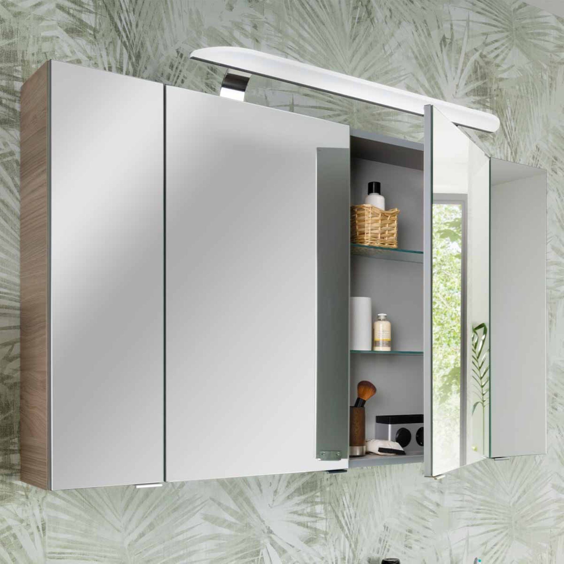 FACKELMANN Badmöbel-Set LUXOR Badmöbel Set 7-teilig, LED-Spiegelschrank + Schränke verspiegelt