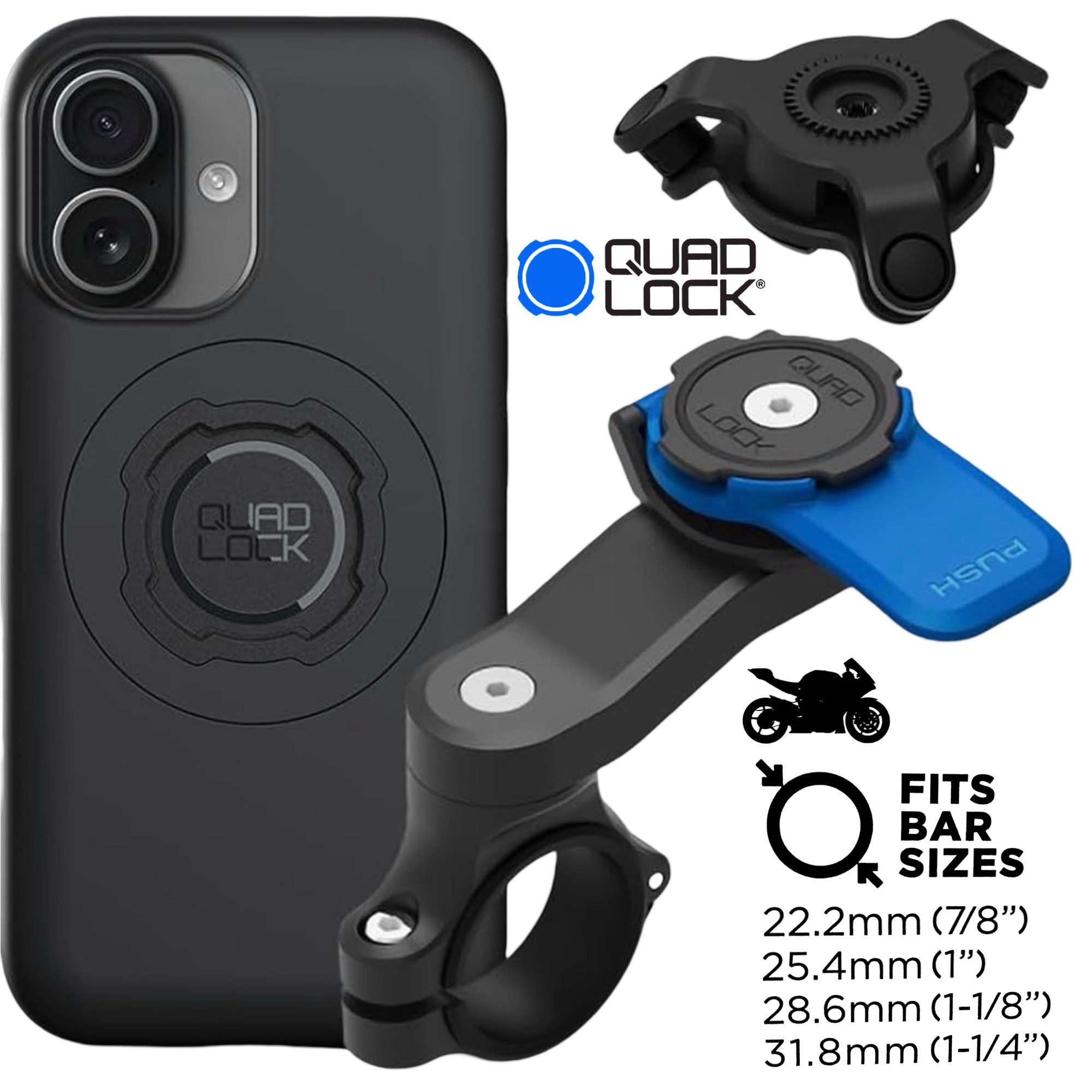 Quad Lock Handy-Halterung QUAD LOCK Motorrad Lenker Handyhalterung + Dämpfer+ MAG Hülle Iphone