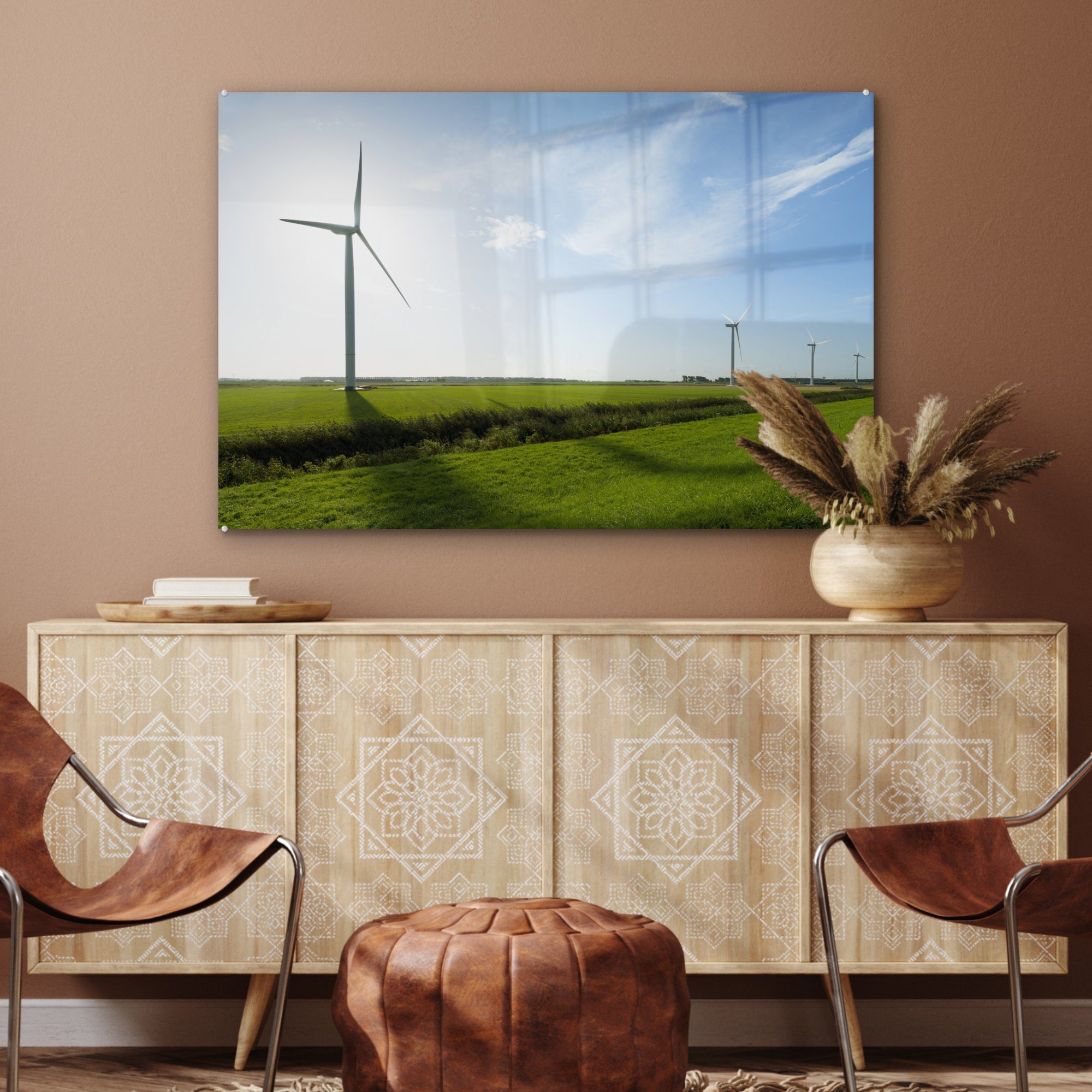 MuchoWow Acrylglasbild Reihe von Windturbinen & Schlafzimmer Lande, Acrylglasbilder St), auf (1 vor dem Wohnzimmer Sonnenaufgang