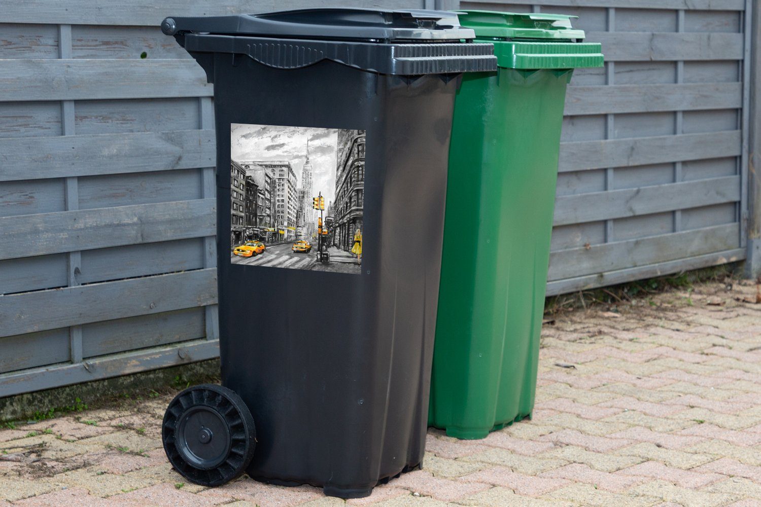 Container, Wandsticker - - Gelb Mülltonne, Abfalbehälter Sticker, St), MuchoWow (1 Malerei Mülleimer-aufkleber, - Stadt Auto