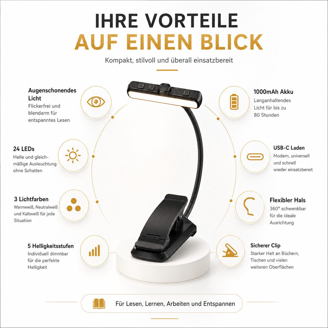 Luckice LED Leselampe mit 3 Farbtemperatur Modi 5 Helligkeitsstufen, 360° Flexibel Leselicht für Nachtlesen ins Bett 80H lange Akkulaufzeit, Dauerbeleuchtung 24LED augenschonende Leuchtmittel