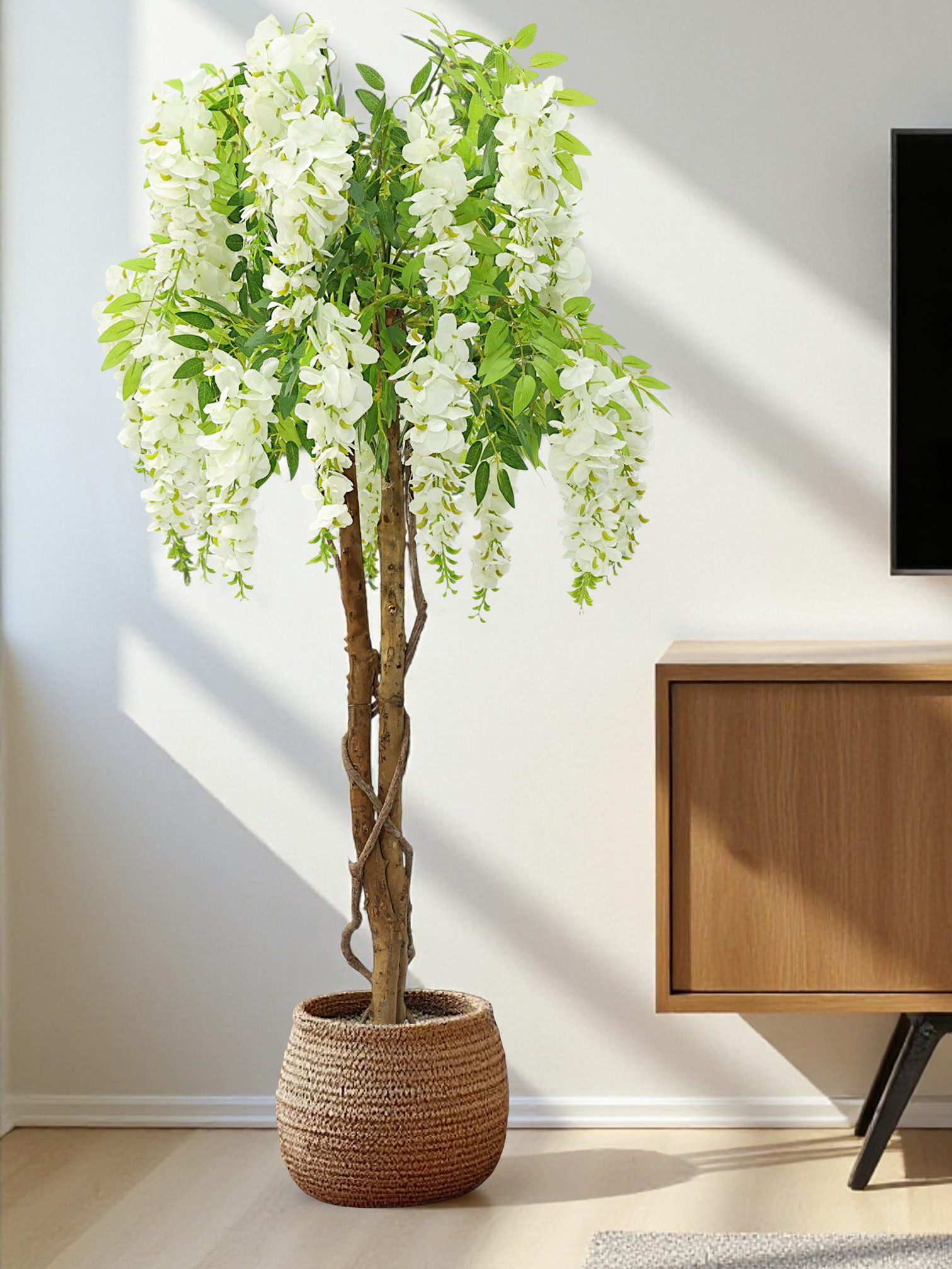 Kunstpflanze künstliche Pflanze Wisteria 120 cm mit weißen Blüten Wisteria, Arnusa, Höhe 120 cm, sehr realistische Kunstpflanze