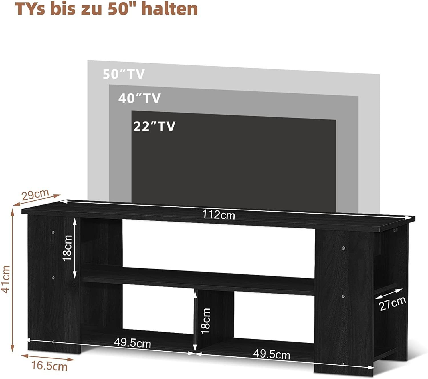 zu Zoll TV-Schrank bis für Holz Fernsehschrank Fernseher aus 50 KOMFOTTEU schwarz