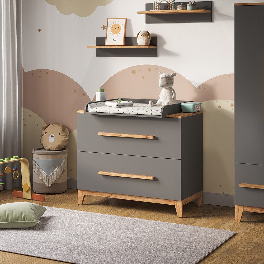 VitaliSpa® Wickelkommode Malia, Grau/Artisan/Artisan, 108 x 98 cm mit 2 Schubladen