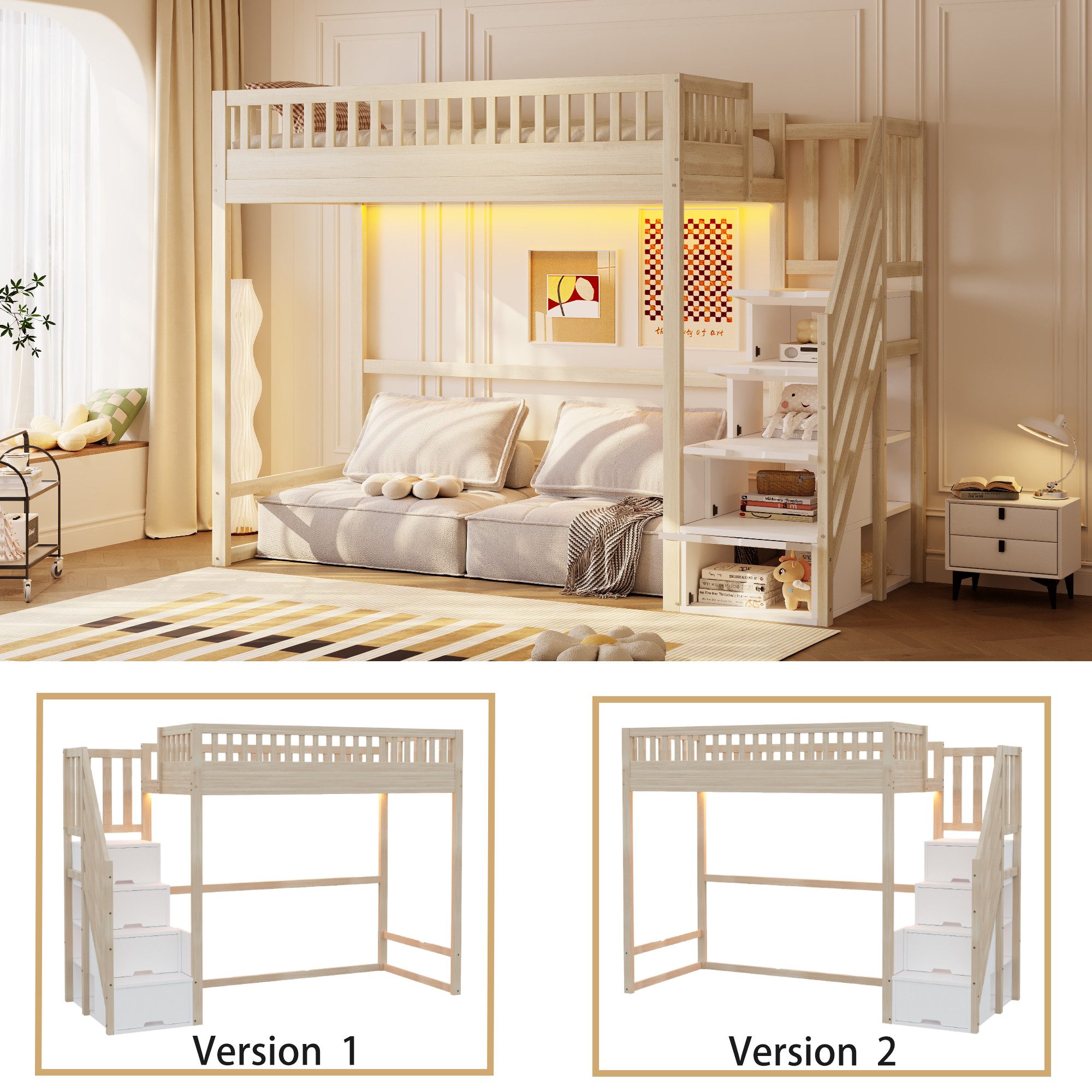 Odikalo Hochbett Hochbett mit Stauraum & Treppe, Weißes Holzbett aus Massiver Kiefer (Hochbett 140x200 / 90x200 cm mit Sicherheitsaufbewahrungsleiter, Sicherhei – Bild 4 von 5