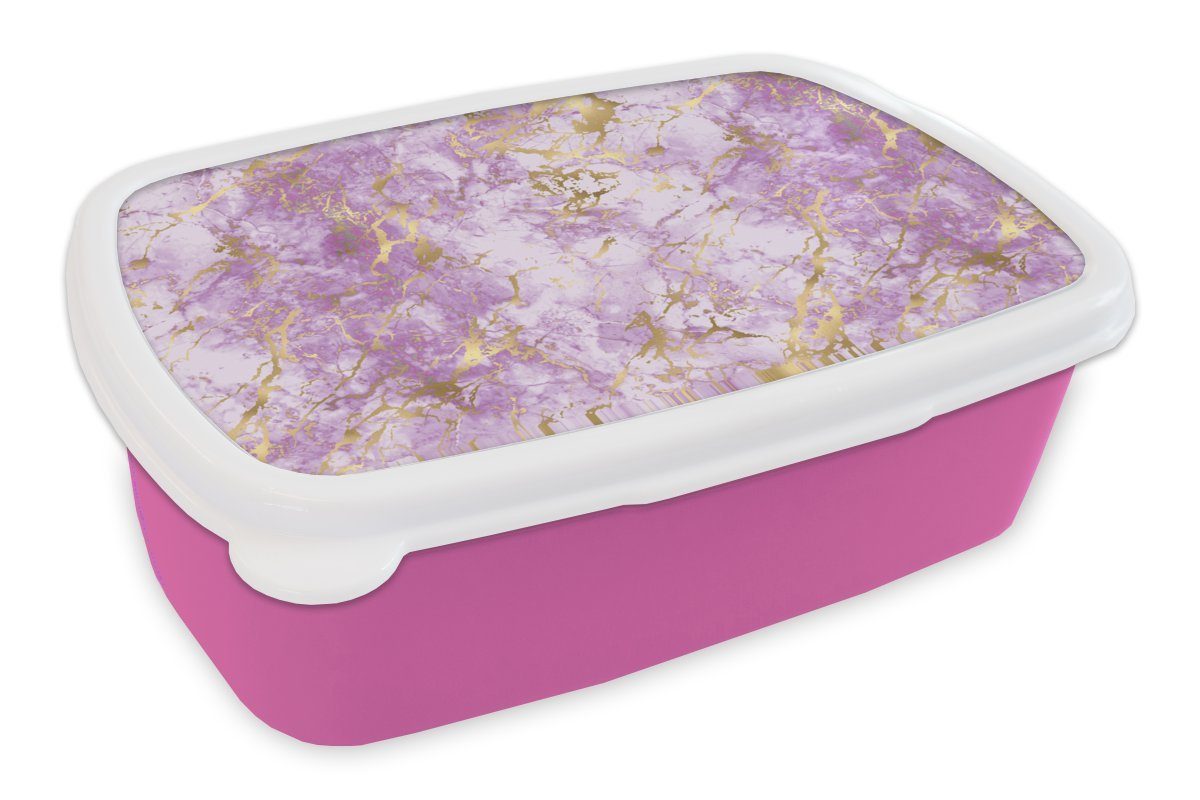 MuchoWow Lunchbox Gold - Marmor - Muster - Lila, Kunststoff, (2-tlg), Brotbox für Erwachsene, Brotdose Kinder, Snackbox, Mädchen, Kunststoff rosa