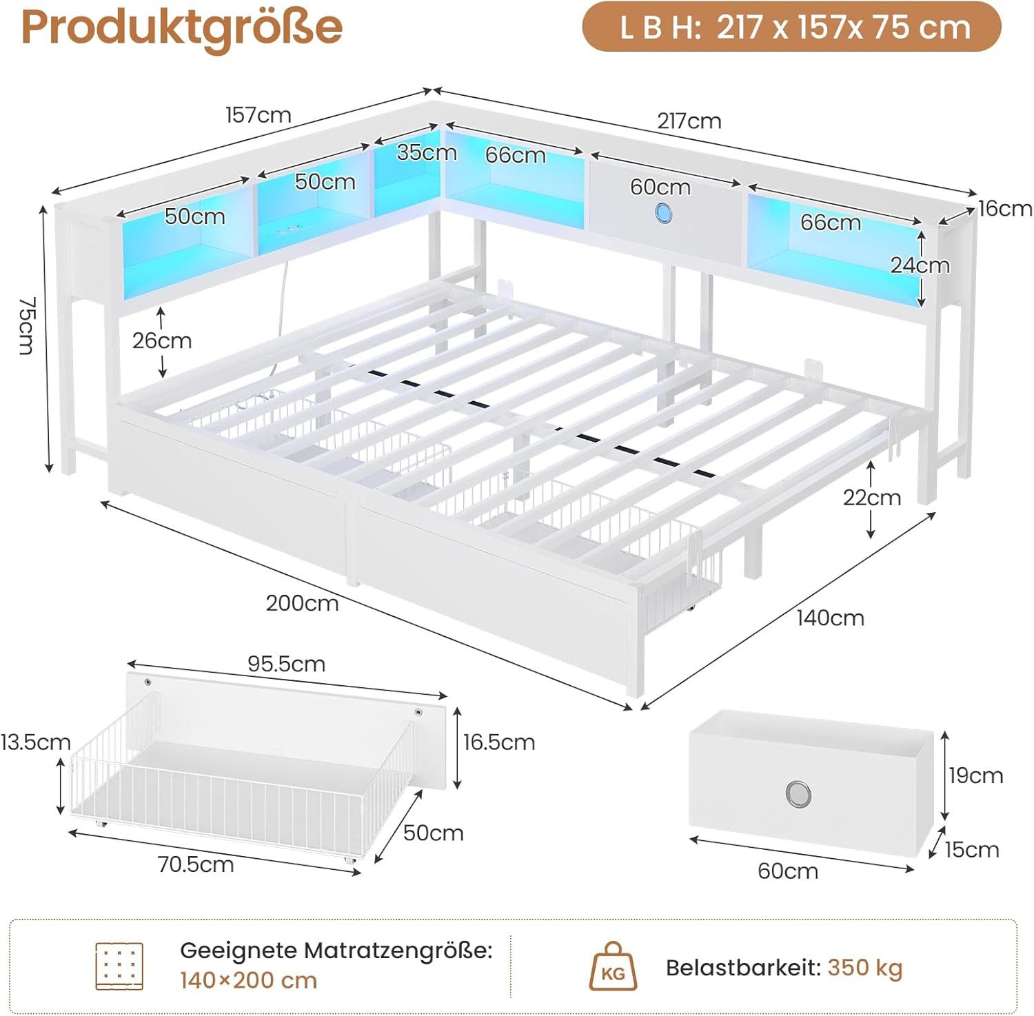 MSMASK Daybett L-Form Schlafsofa mit LED-Beleuchtung und Steckdose, Kinderbett (1 tlg), Jugendbett mit Metallrost, 140x200cm, Weiß – Bild 2 von 5