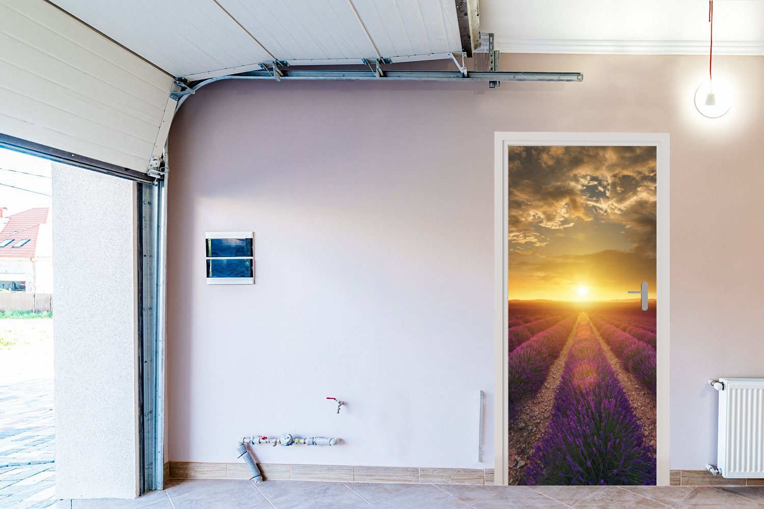 Tür, 75x205 MuchoWow bedruckt, Fototapete Matt, Frankreich, Lavendel St), Türtapete - (1 Sonnenuntergang Türaufkleber, für cm -
