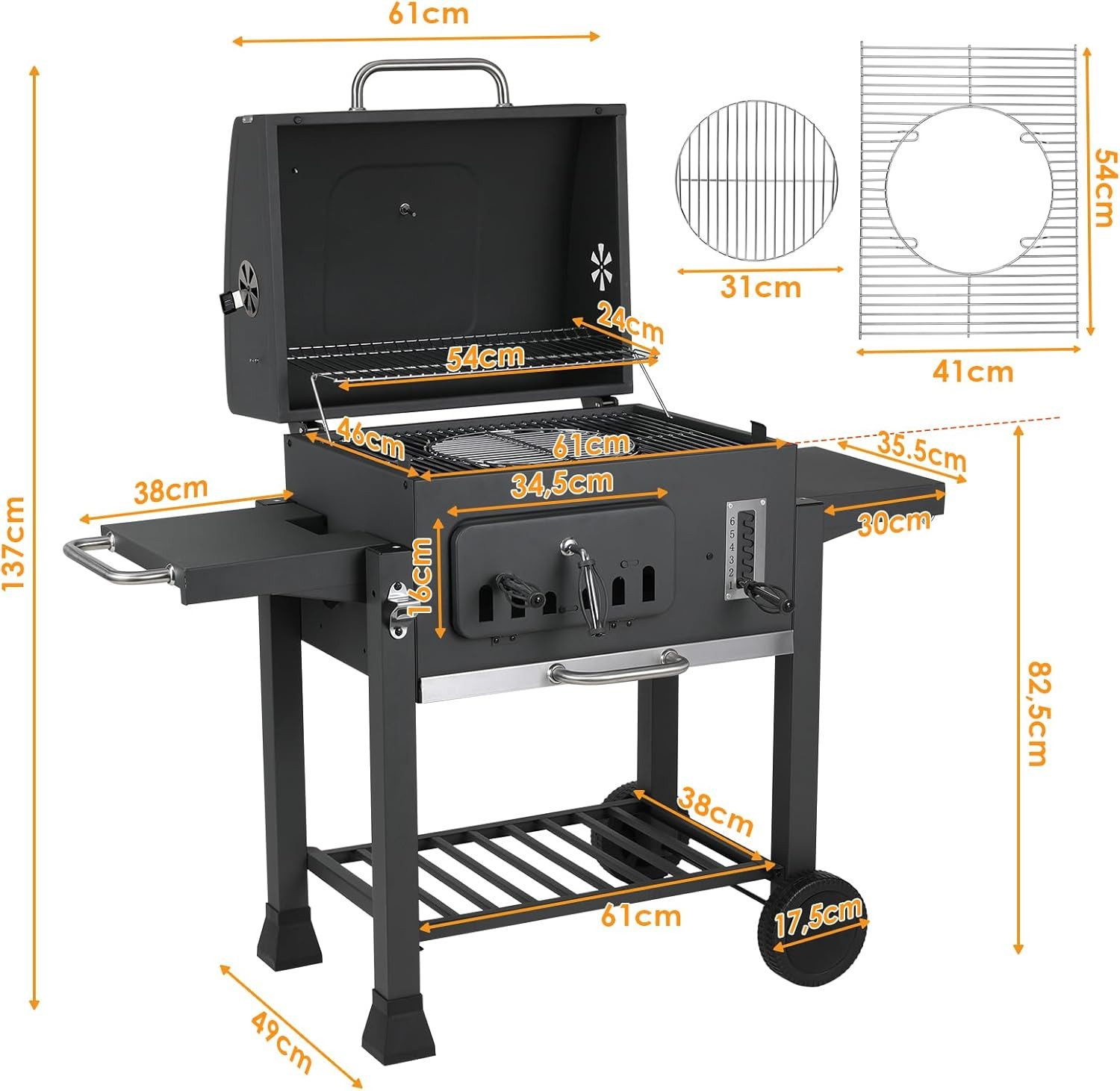TLGREEN Holzkohlegrill XXL Grillwagen mit Deckel, Doppelflügel Kohlegrill mit Thermometer & 2 Rädern, 4 Lüftungsschlitzen Smoker BBQ Grill, für Garten Camping Terrasse