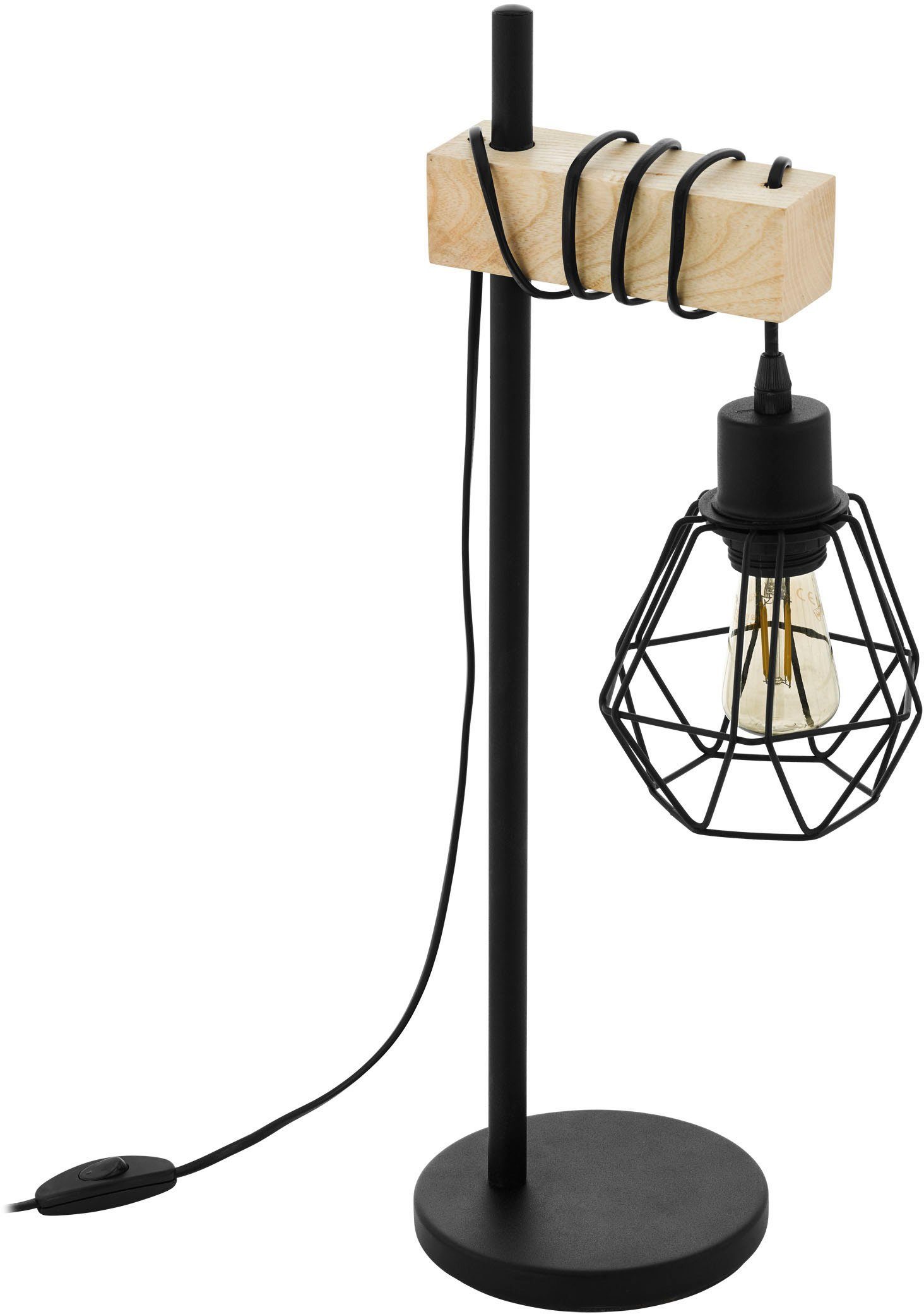 EGLO Tischleuchte TOWNSHEND 5 Tischlampe, Stahl und Holz, E27, IP20, Nachttischlampe, Ein-/Ausschalter, ohne Leuchtmittel, Tischleuchte, L22 x B15,5 x H50 cm, schwarz, braun, 1X60W exkl.