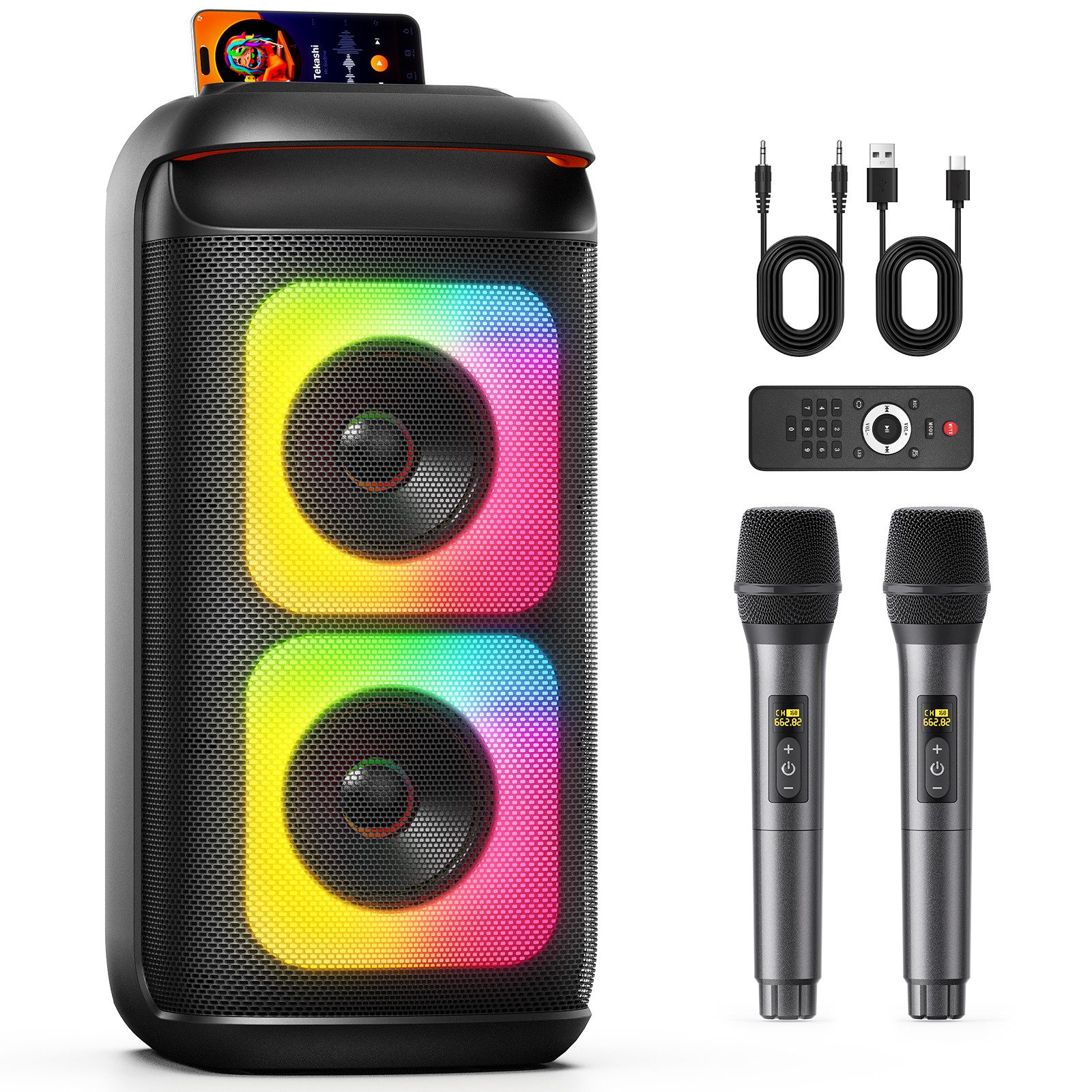 JYX Tragbarer Bluetooth-Speaker mit 2 Funkmikrofonen Bluetooth-Lautsprecher (Bluetooth, 180 W, Kräftiger Bass, Disco-RGB-Licht & bis zu 8 Std. Spielzeit)