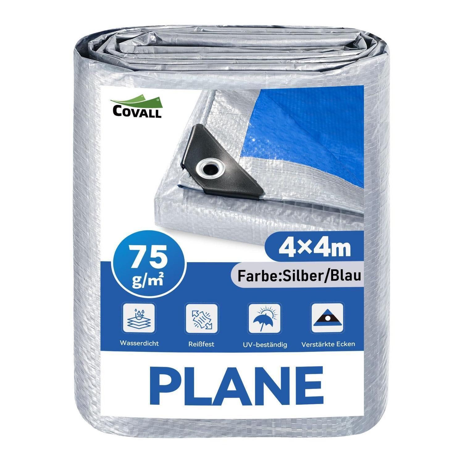 LuxusKollektion Zeltunterlage Plane PE Ösen Campingplane Unterlage Wetterschutz Silber Blau 4m x 4m