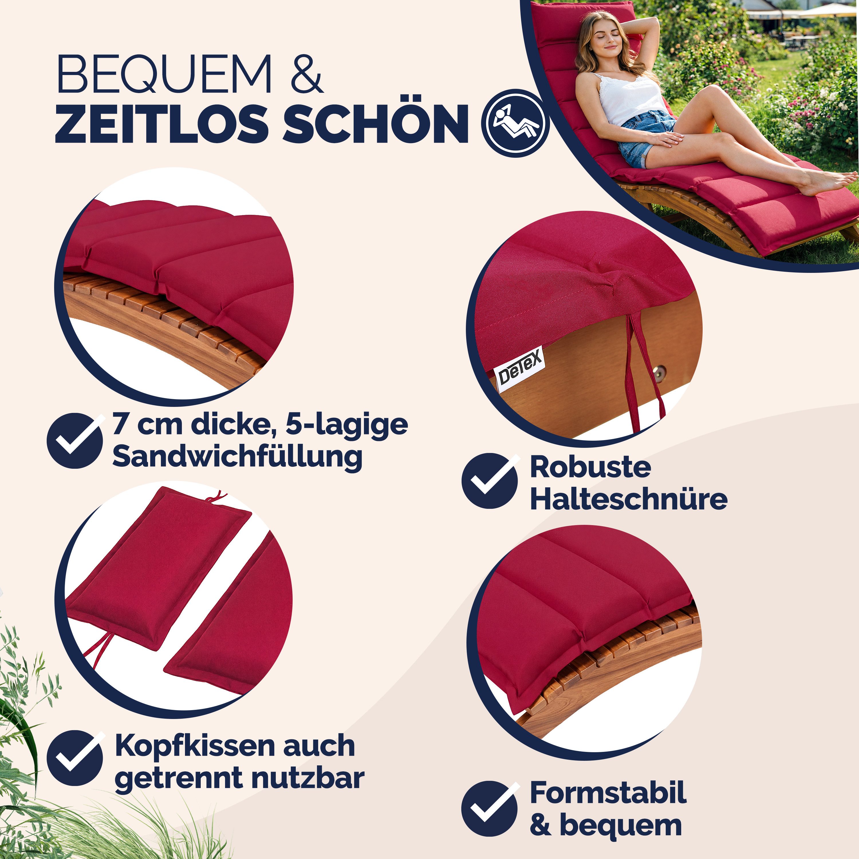 Detex Polsterauflage, Dunkelrot Wasserabweisend inkl. Kopfkissen 55% Baumwolle Auflage