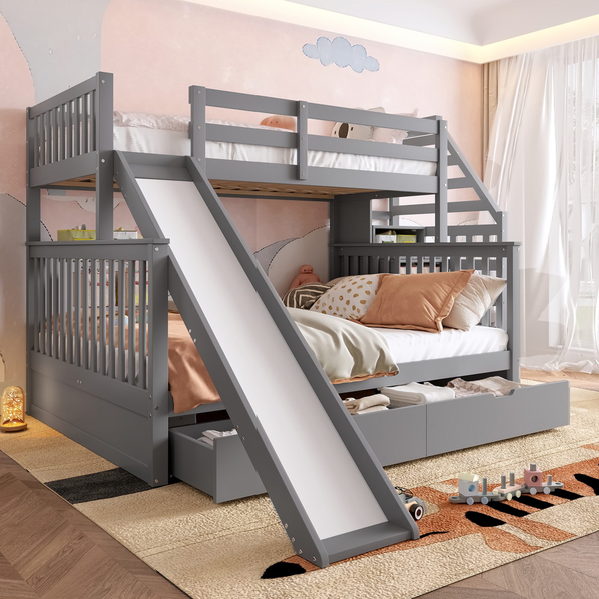 Flieks Etagenbett, Kiefer Kinderbett mit Rutsche & Schubladen 90x200cm+140x200cm