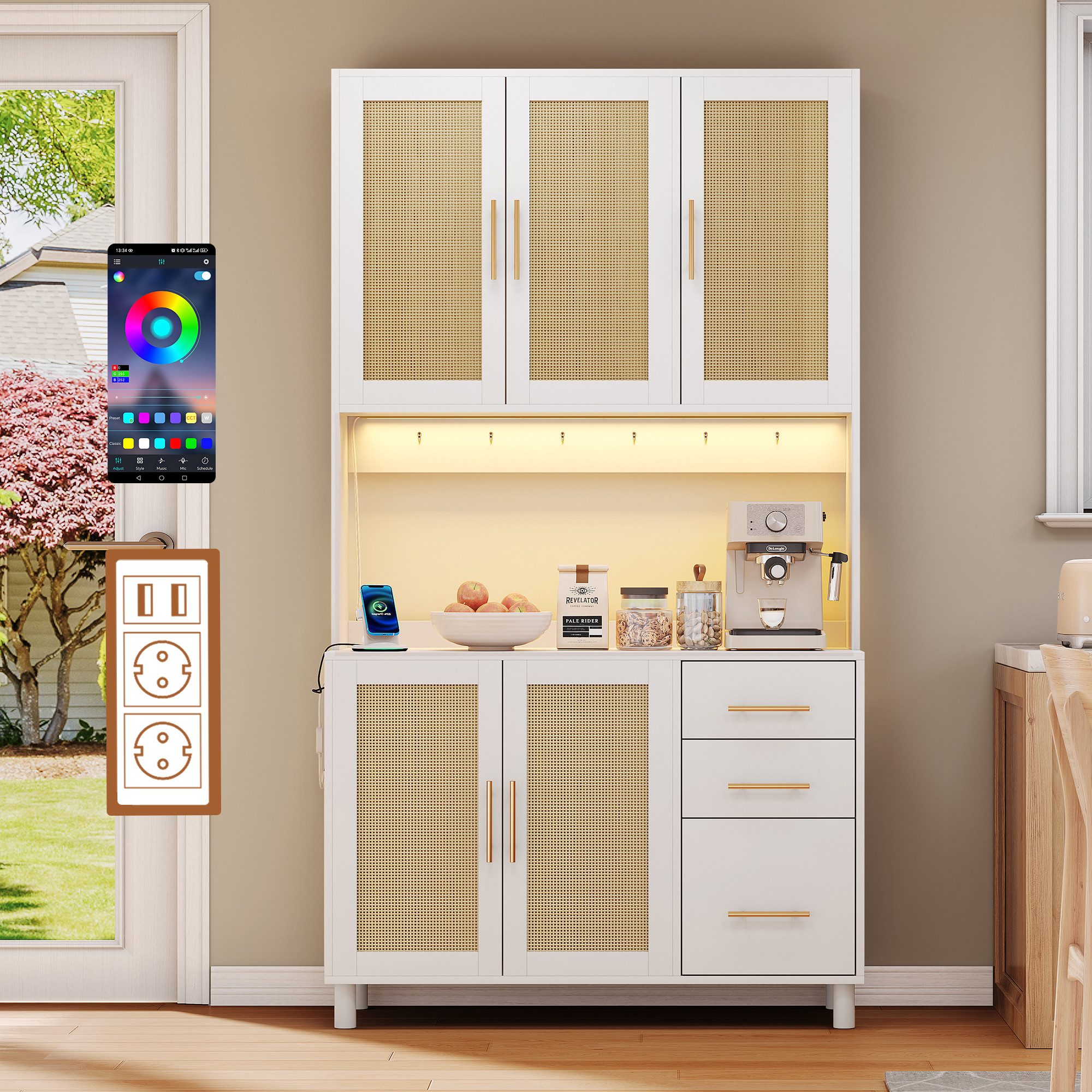 Flieks Küchenbuffet mit LED-Beleuchtung, Steckdosen und Haken (Buffet mit Rattantüren und Schubladen, 1-St., B100/T40/H183 cm) Hochschrank Küchenschrank Geschirrschrank mit verstellbare Ablagen