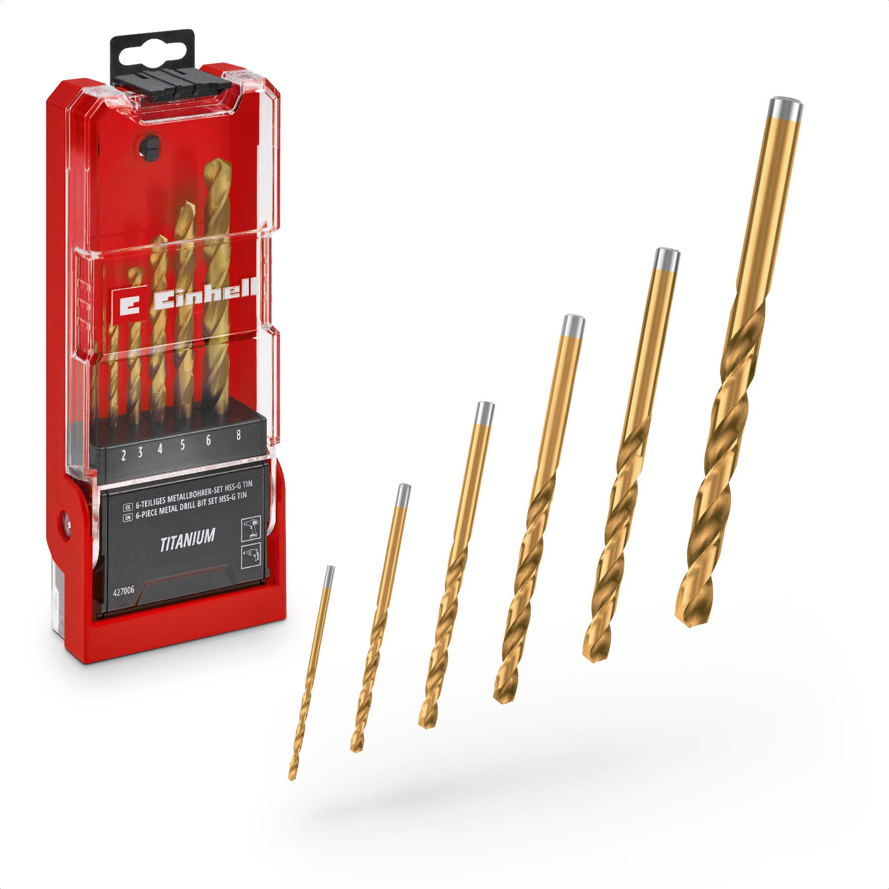 Einhell Bohrer- und Bit-Set Original Einhell 6-tlg. HSS-G Titan Metallbohrer-Set (im Ganzen geschl, (6x HSS-G Titan Metallbohrer (2 / 3 / 4 / 5 / 6 / 8 mm), 1x Aufbewahrungskassette (15,0 x 6,2 x 2,6 cm), 6-tlg), Original Einhell 6-tlg. HSS-G Titan Metallbohrer-Set (im Ganzen geschl