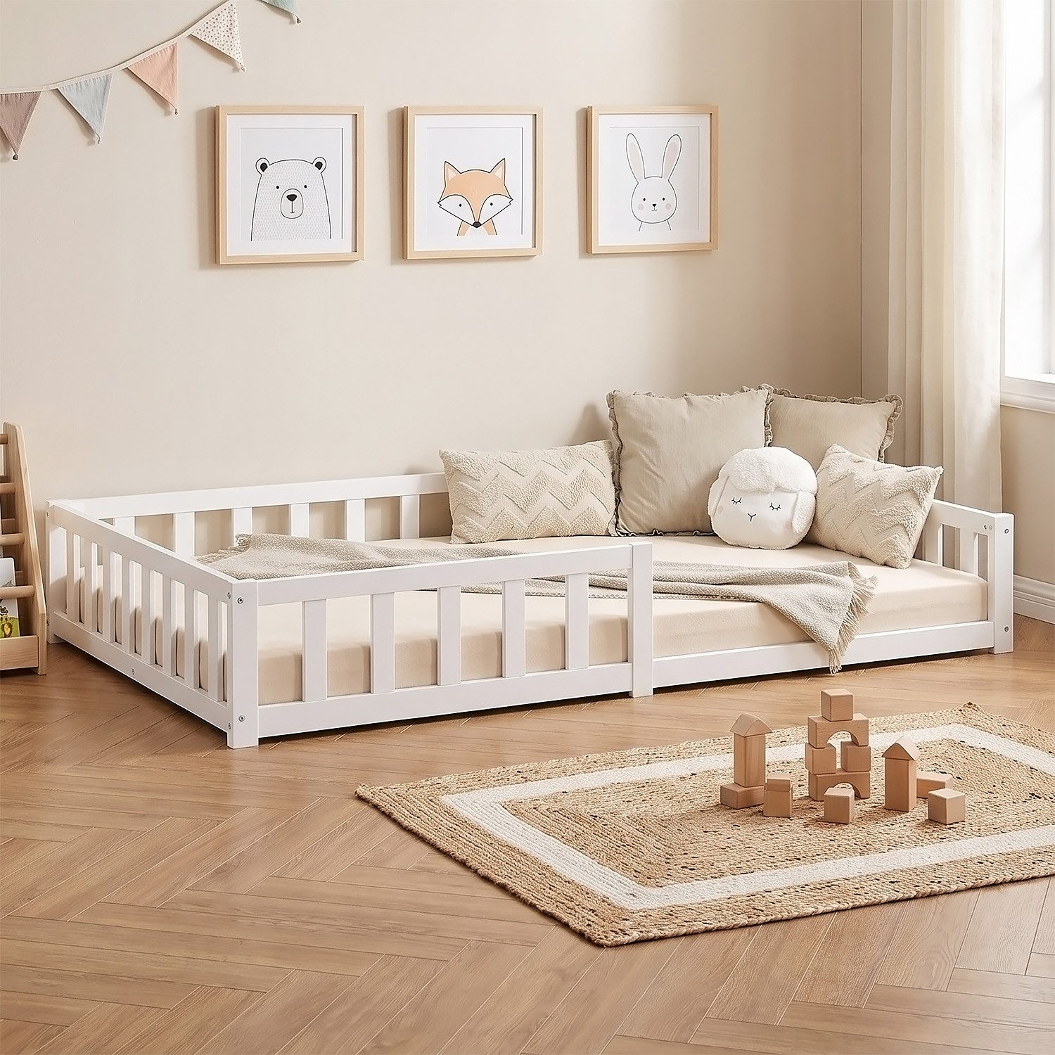 Homestyle4u Kinderbett 90x200 120x200 mit / ohne Matratze Natur Bodenbett Montessori (Spar-Set, mit Lattenrost), mit Rausfallschutz, Einstieg wechselseitig