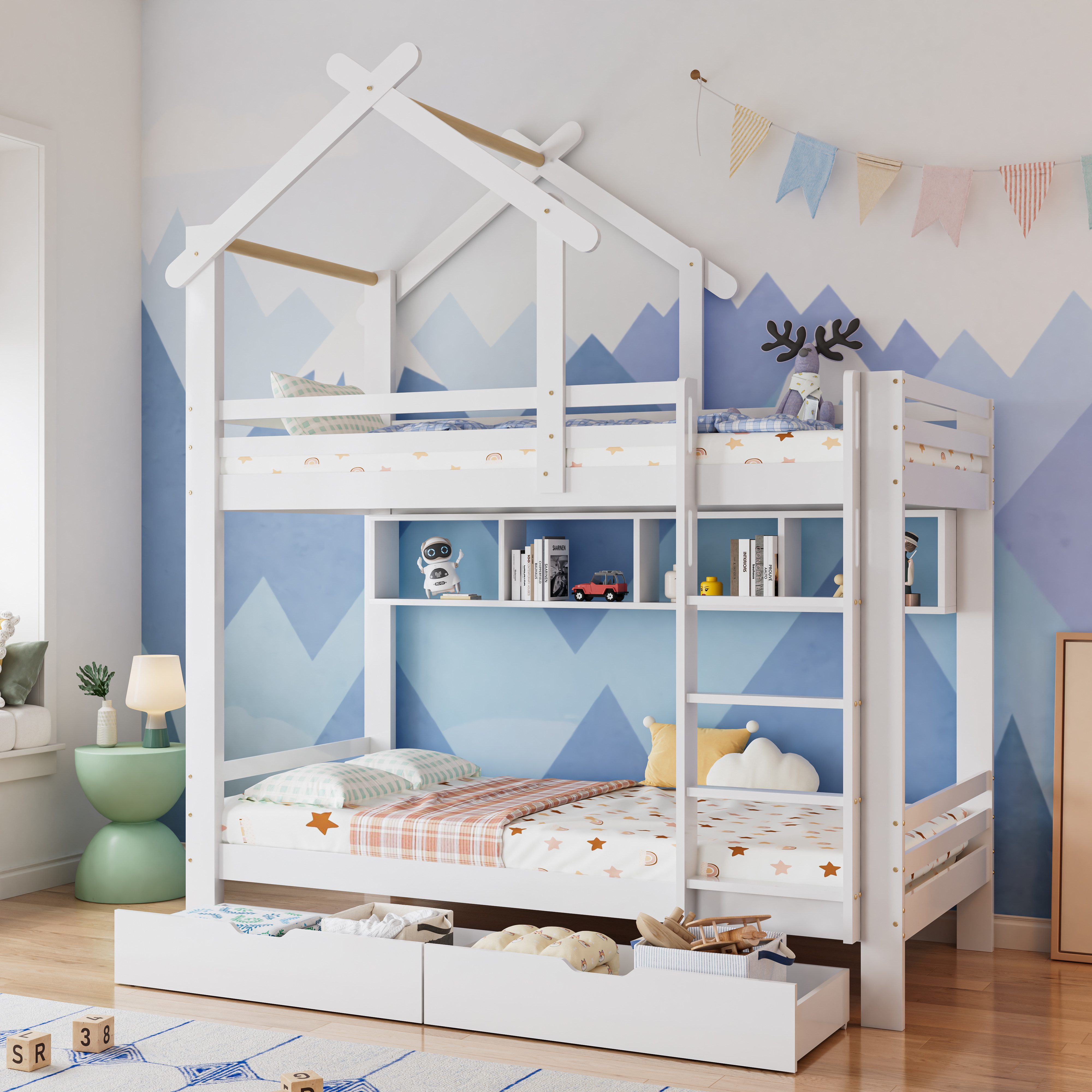 Flieks Etagenbett, Kiefer Hausbett Kinderbett mit Schubladen Regalen 90x200 günstig online kaufen