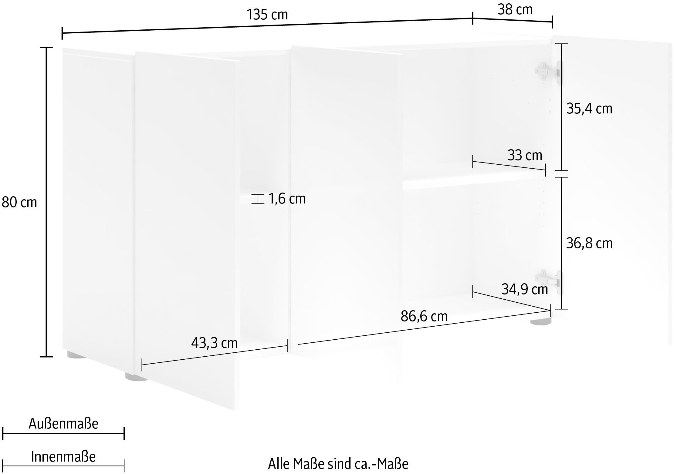 INOSIGN Sideboard MISTER, Sideboard,Kommode, Anrichte, mit 4 geräumigen Fächern, Kommode, komplett Hochglanz lackiert, Breite 135cm