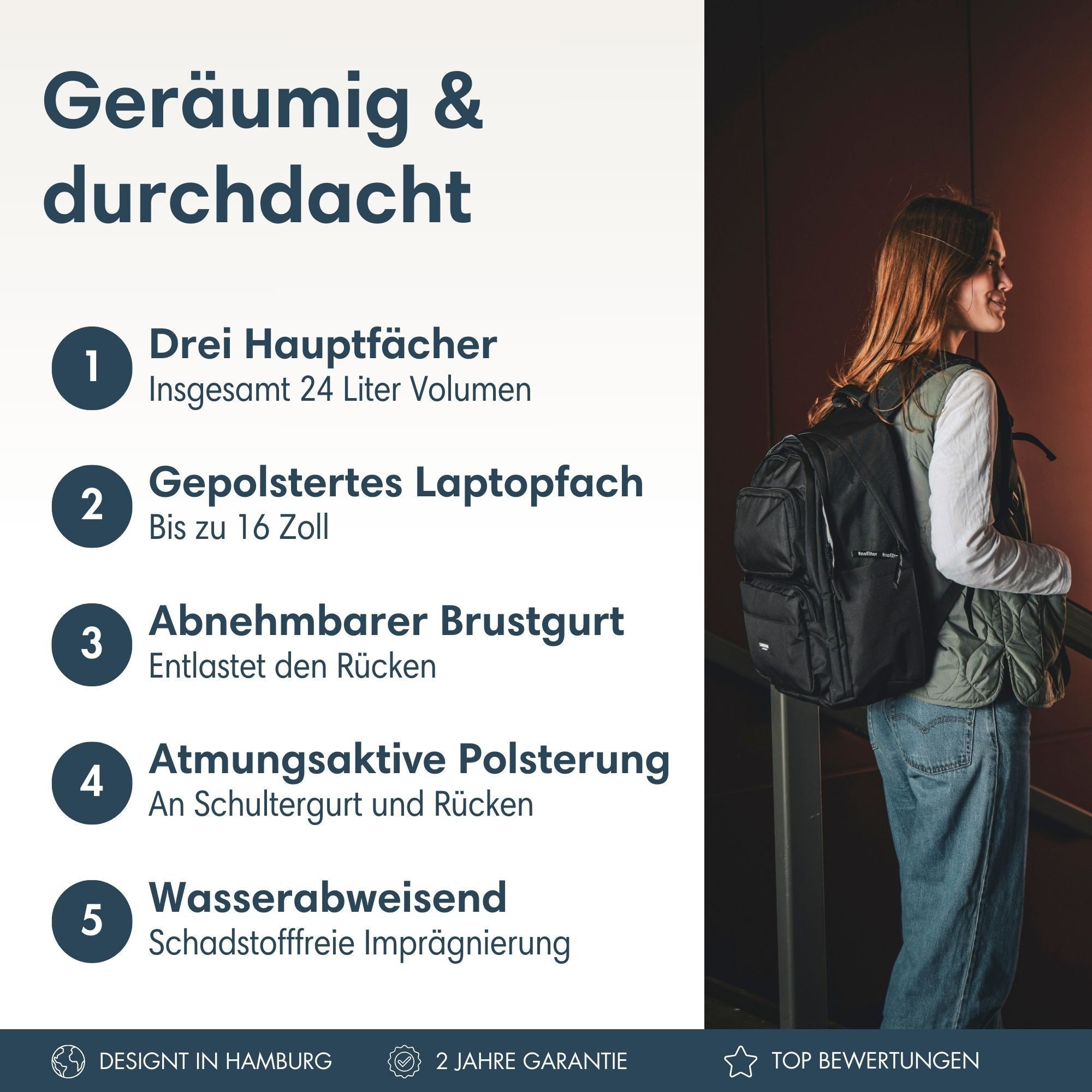 LARKSON Schulrucksack No 3 Advanced Rucksack für Schule, Mädchen Jungen (1-tlg), 3 Hauptfächer, Seitentasche, Laptopfach, Wasserabweisend