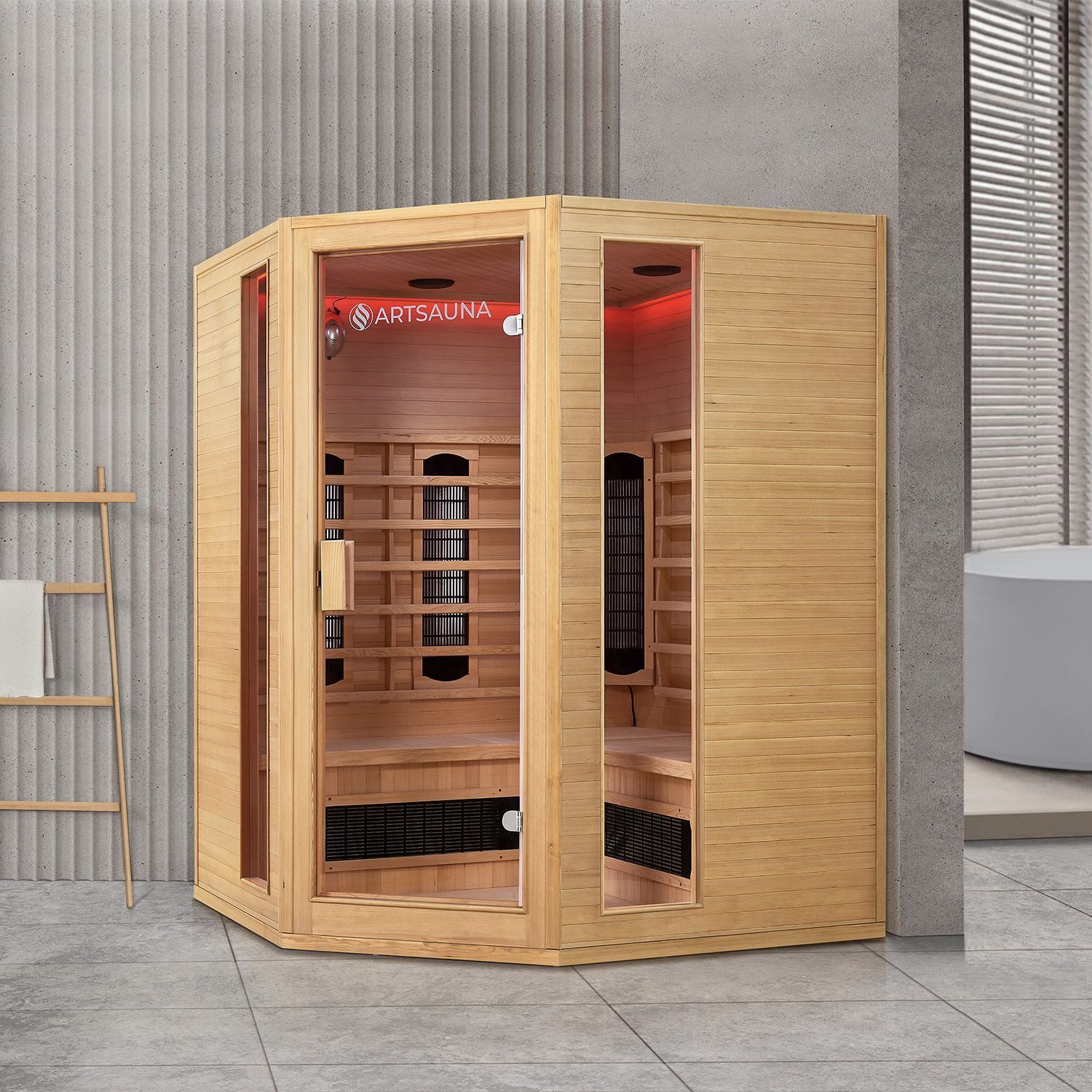 Artsauna Infrarotkabine Nyborg E150K Dual Technologie, für 4 Personen, Hemlock-Holz, HiFi-System, Ionisator, LED-Farblicht