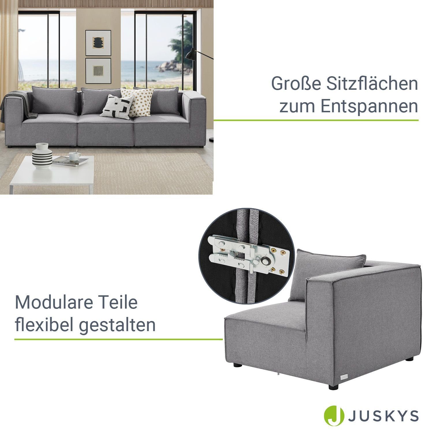 mit & Kissen Couch M, Juskys Teile, für 3-Sitzer Armlehnen Garnitur Wohnzimmer, modulare 3 Domas,