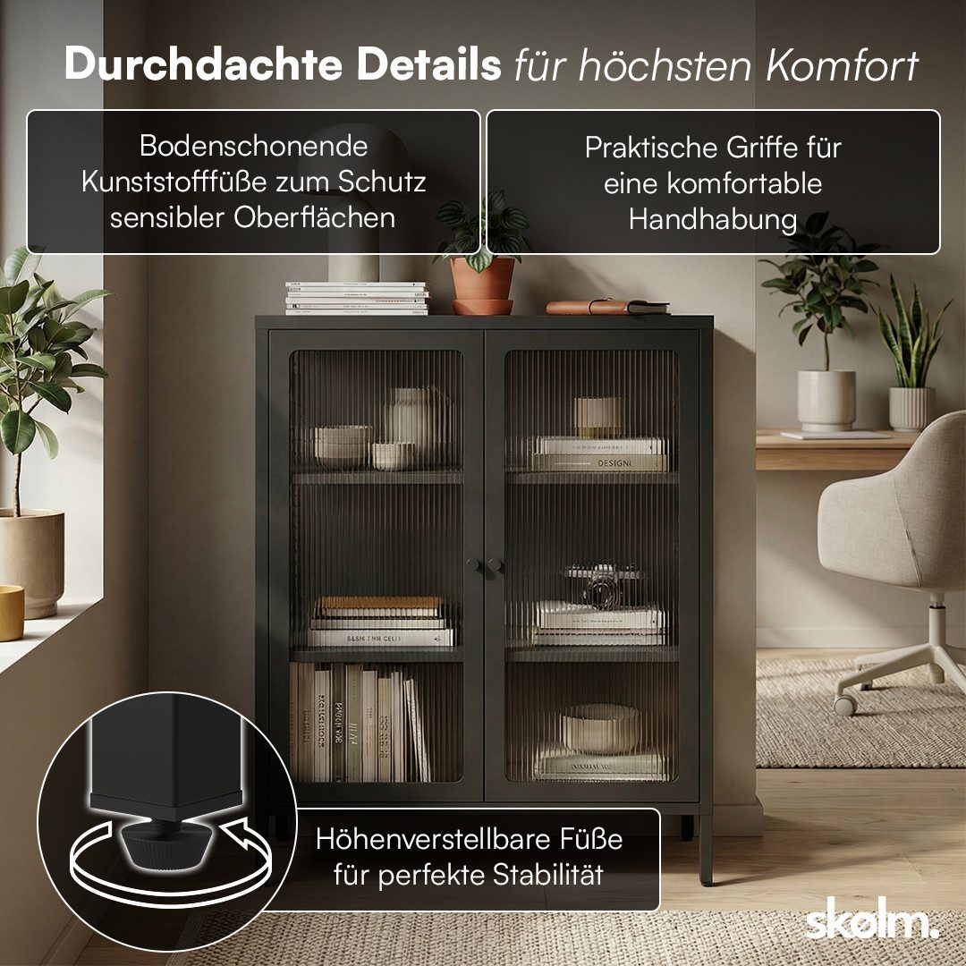 skølm Highboard Norns Vitrinenschrank mit Glastüren (schwarz, bis 80 kg belastbar, kratzfest), Metallkommode mit verstellbaren Fächern, Sideboard 100x38x80 cm – Bild 5 von 5