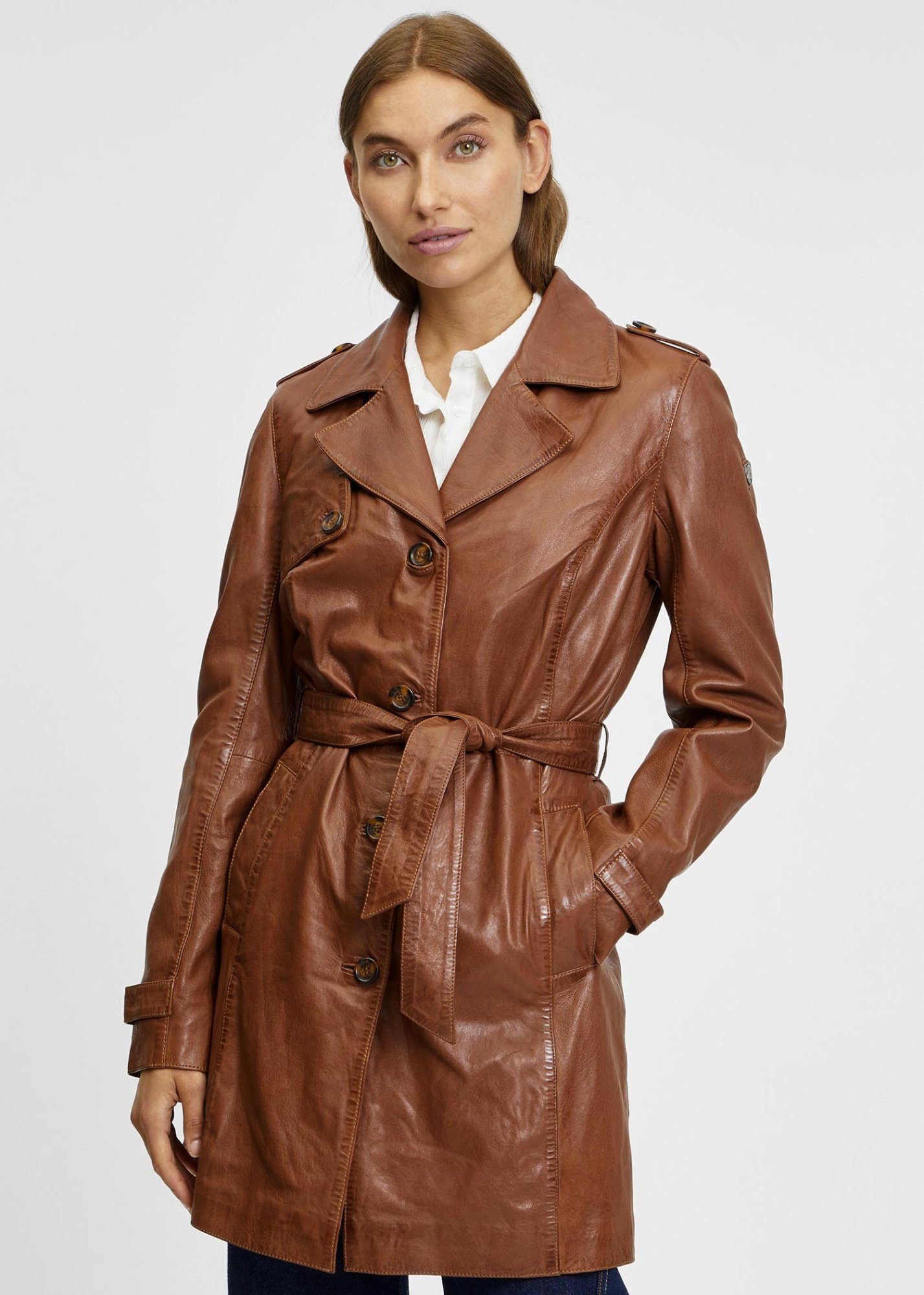 Gipsy Lederjacke GWLailah Echtleder Damen Ledermantel Lammnappa Mantel Trenchcoat cognac