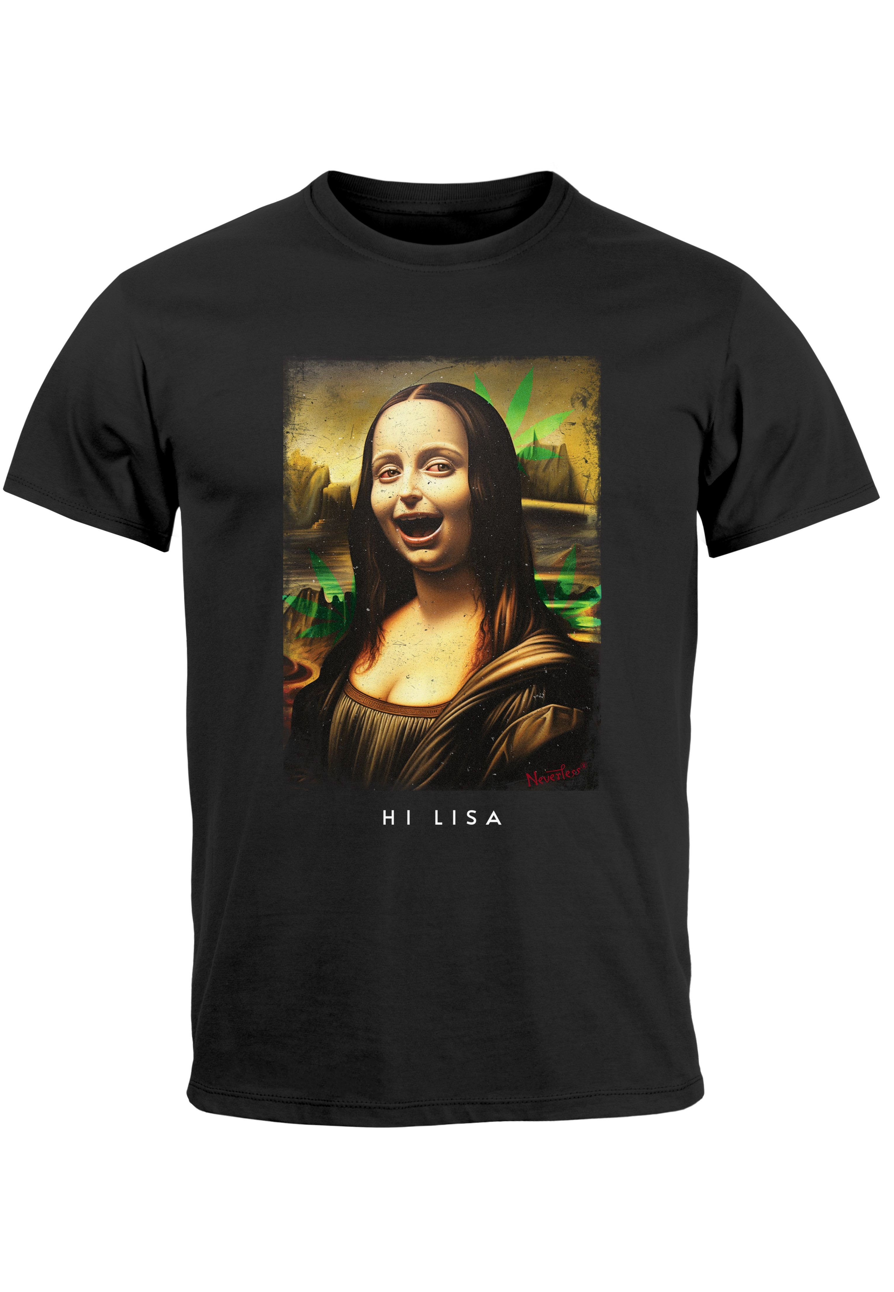 MoonWorks Print-Shirt Herren T-Shirt Print Aufdruck Mona Lisa Parodie Meme Kapuzen-Pullover mit Print Stona Lisa schwarz